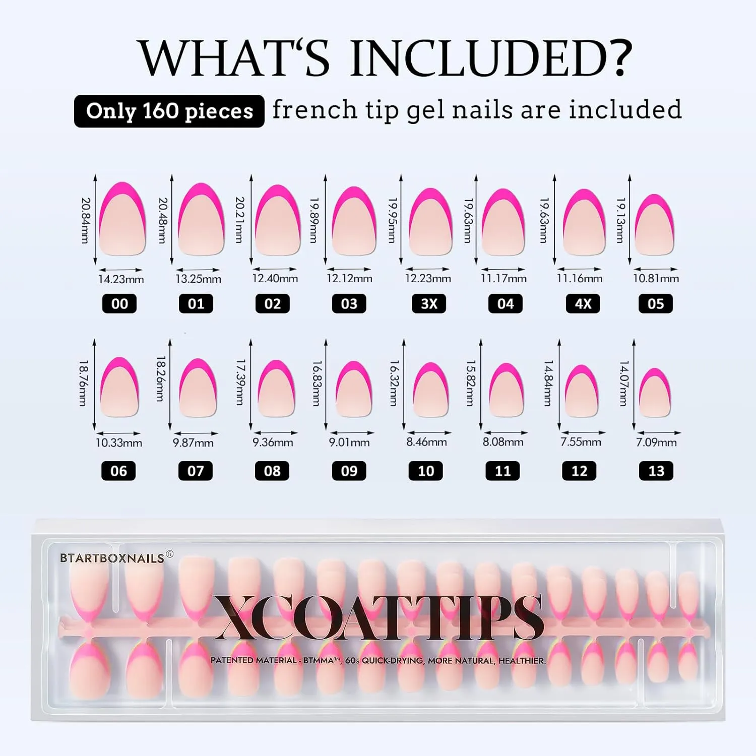 BTArtboxnails French gel nail tips size chart and included tips