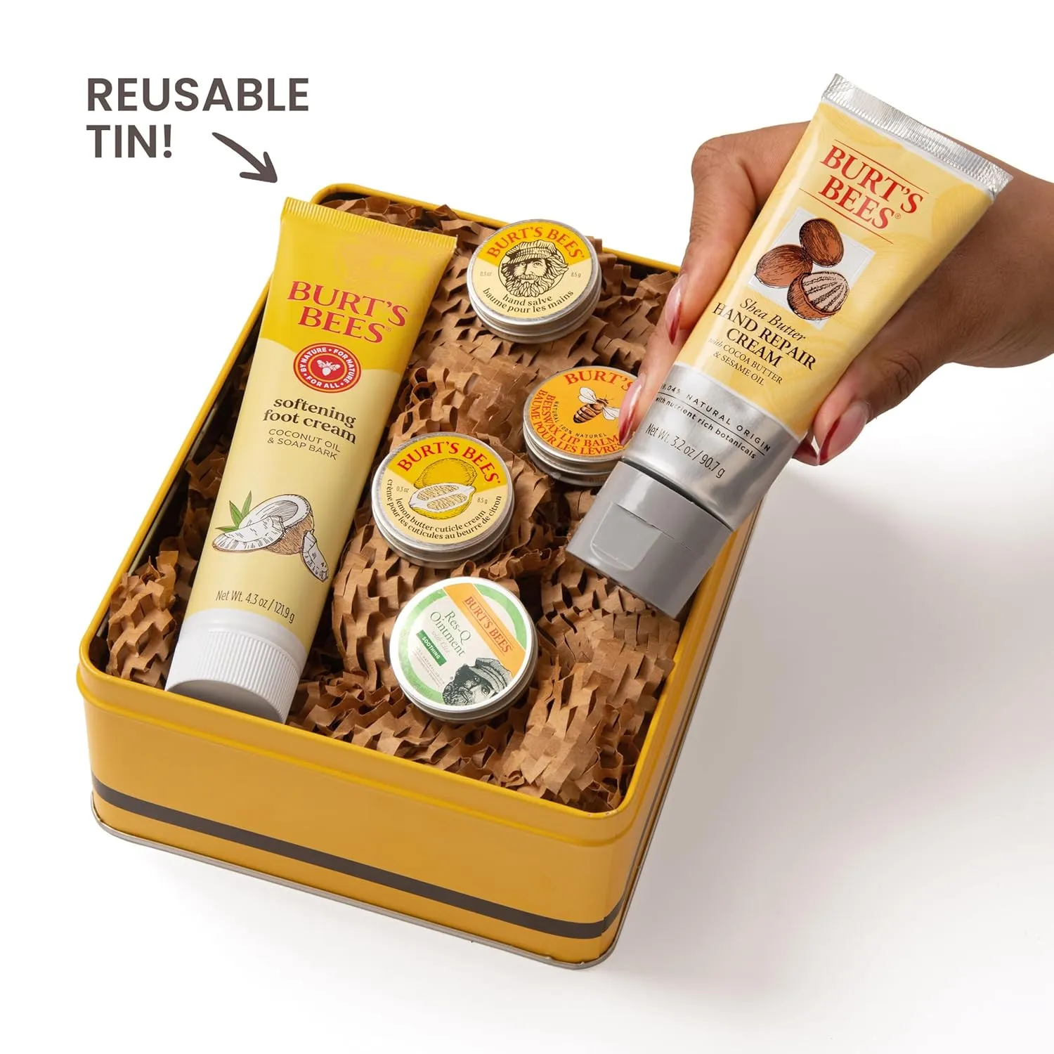 Burt’s Bees skincare products arranged from the gift set
