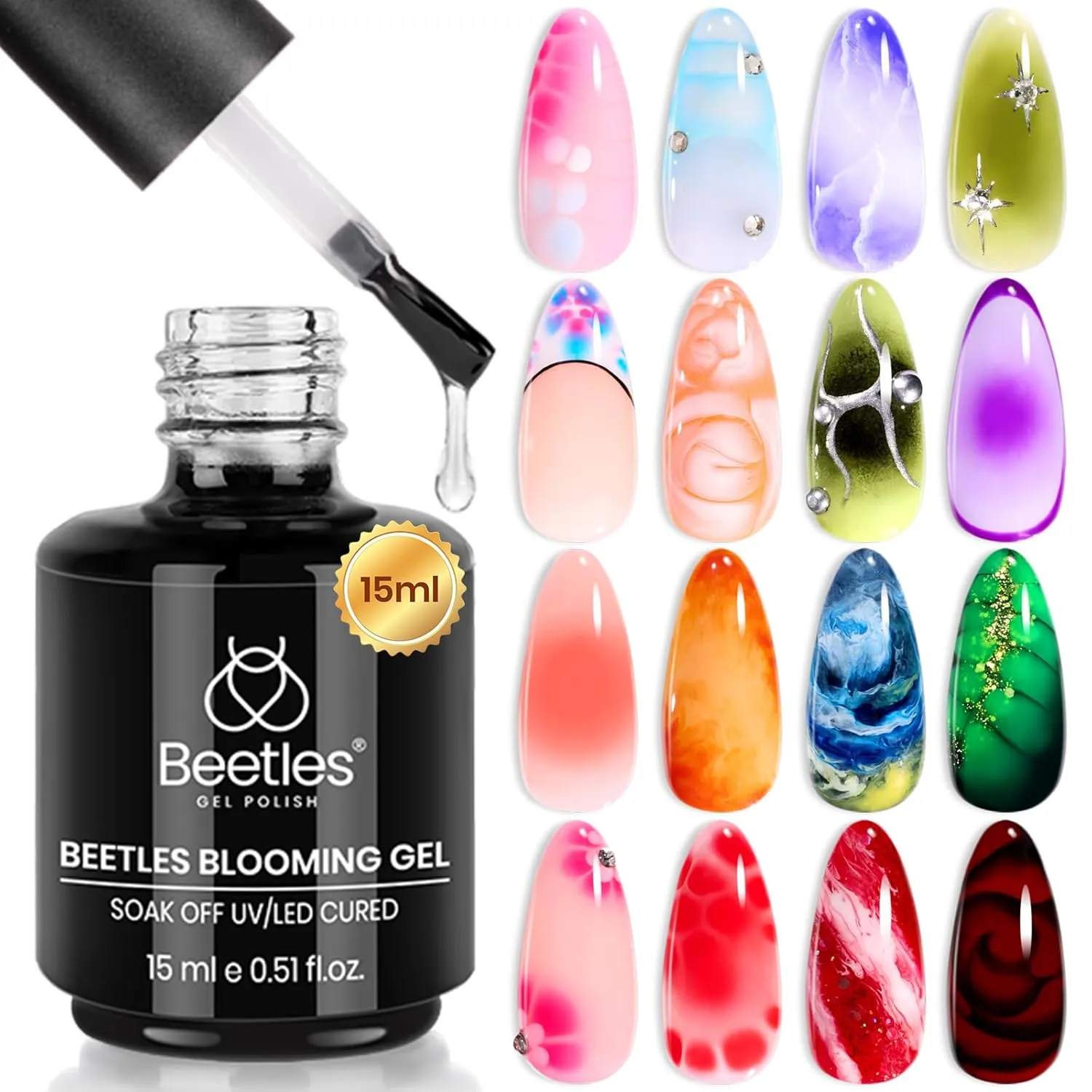 Beetles Blooming Gel bottle and nail art samples