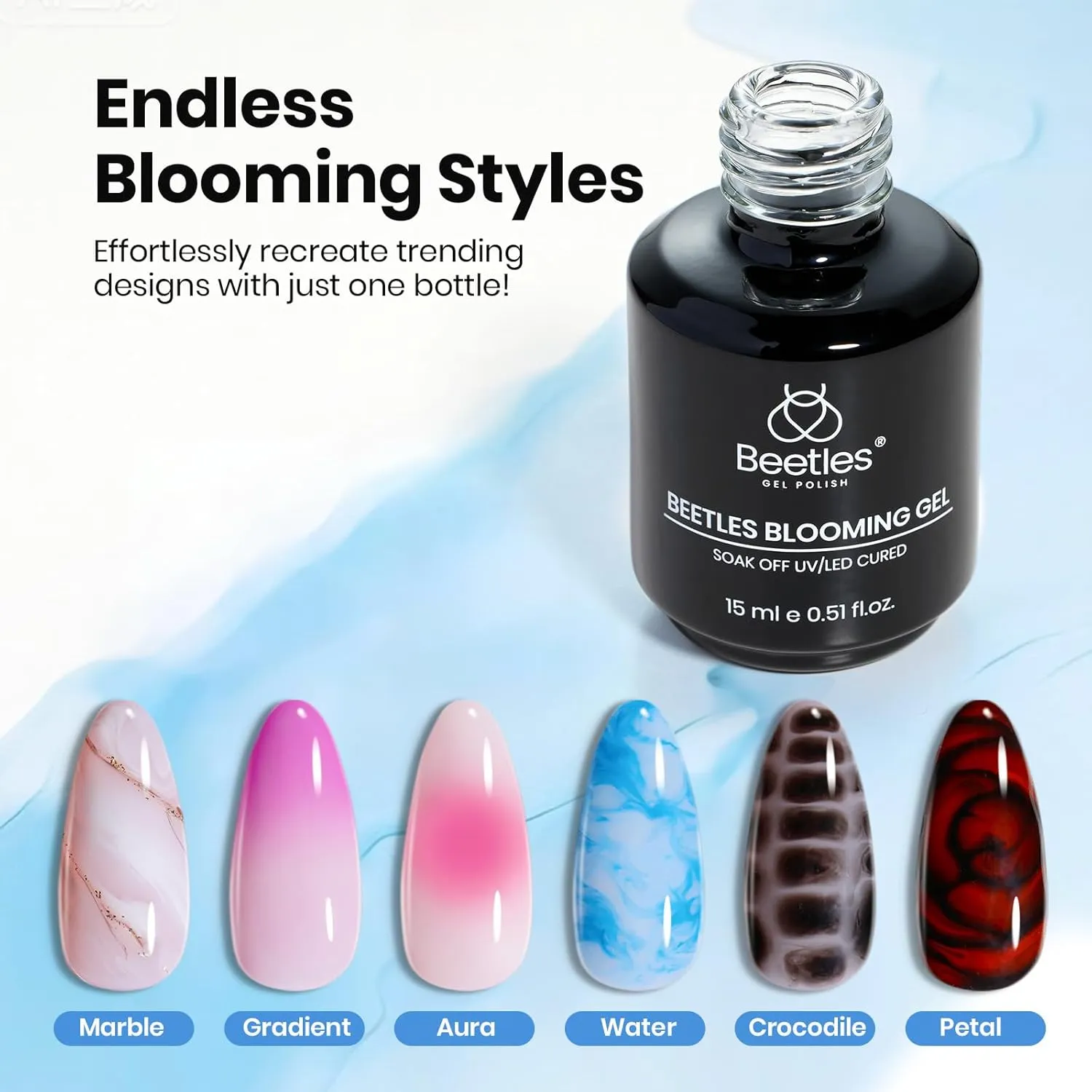 Beetles Blooming Gel bottle with aura marble watercolor and floral nail art examples