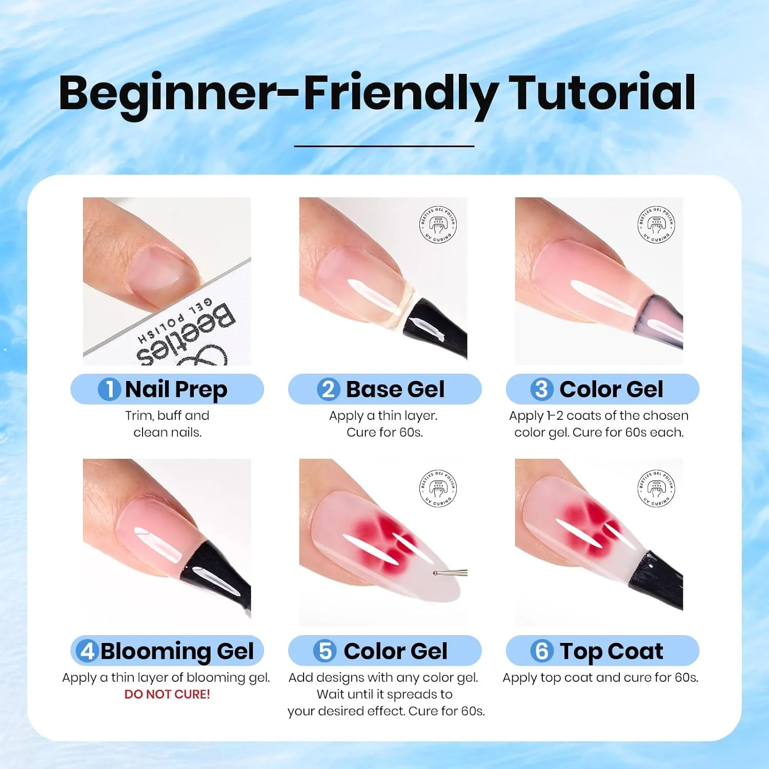 Beetles Blooming Gel beginner-friendly tutorial steps for nail art