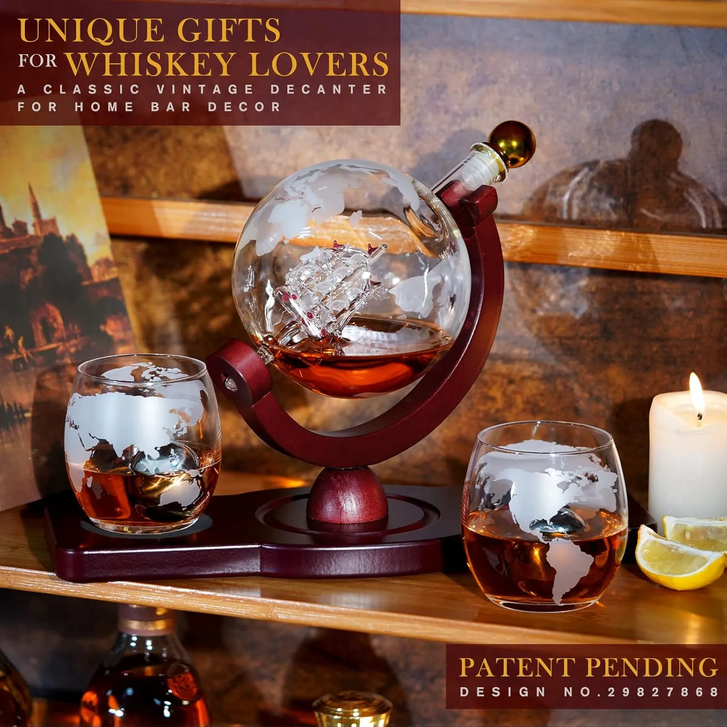 Globe whiskey decanter gift set styled for whiskey lovers