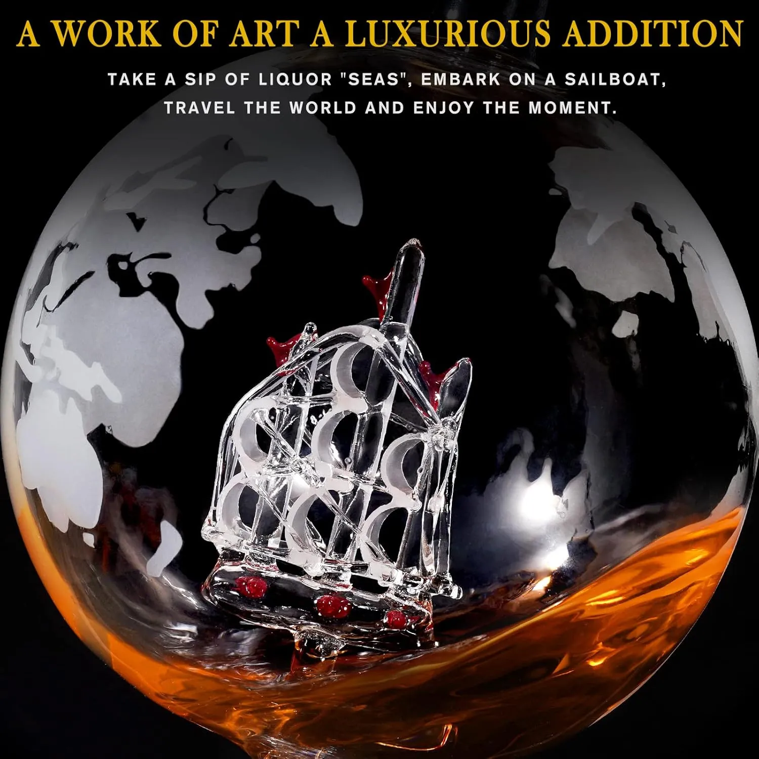 Close-up of ship inside globe whiskey decanter