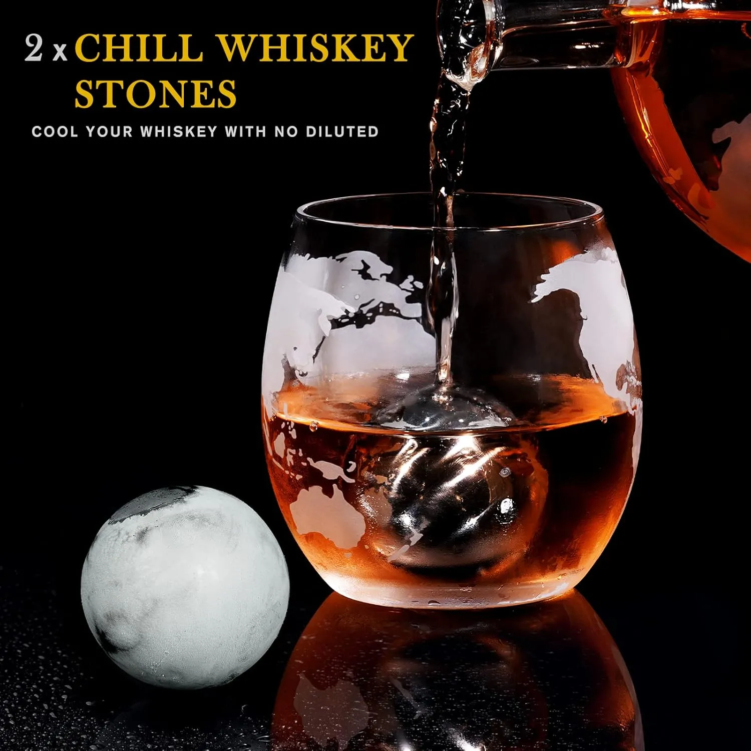 Whiskey being poured into etched globe glass with chill stone