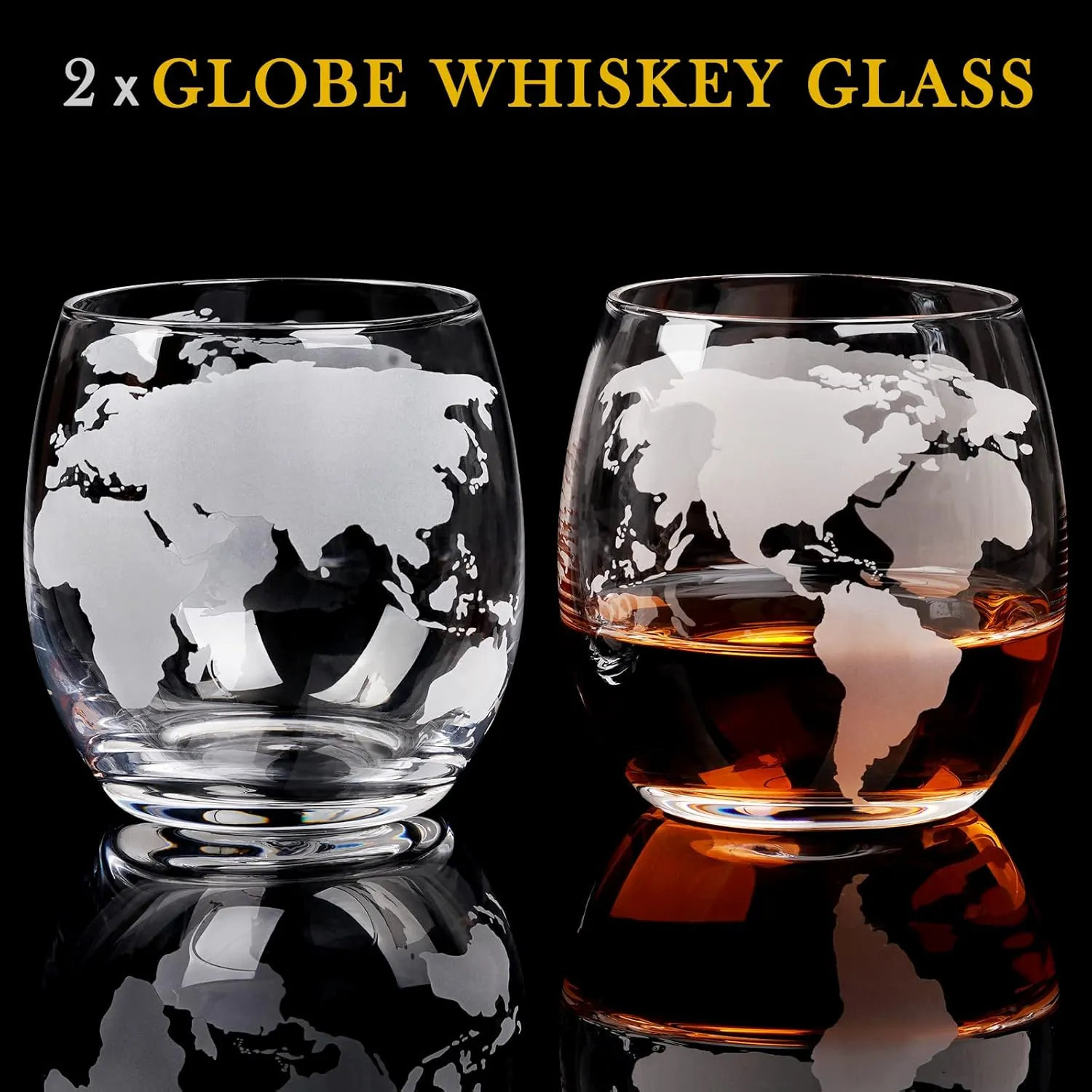 Two globe whiskey glasses with etched world map design