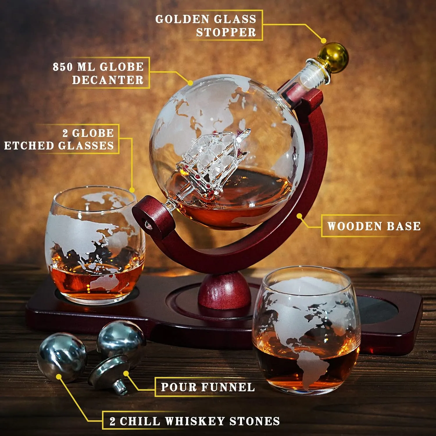 Globe whiskey decanter set labels showing decanter, glasses, stopper, funnel and stones