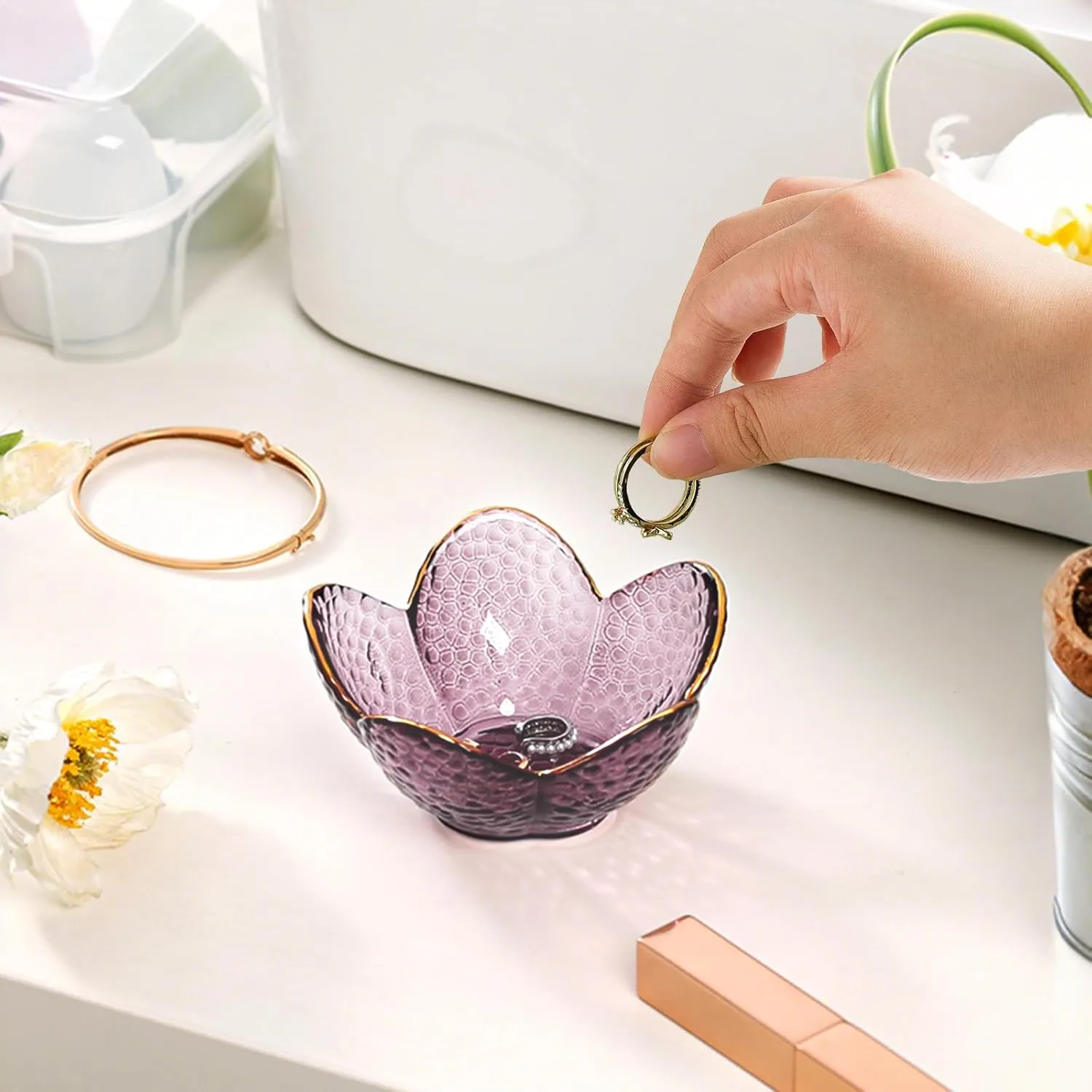 Purple flower jewelry dish styled on vanity
