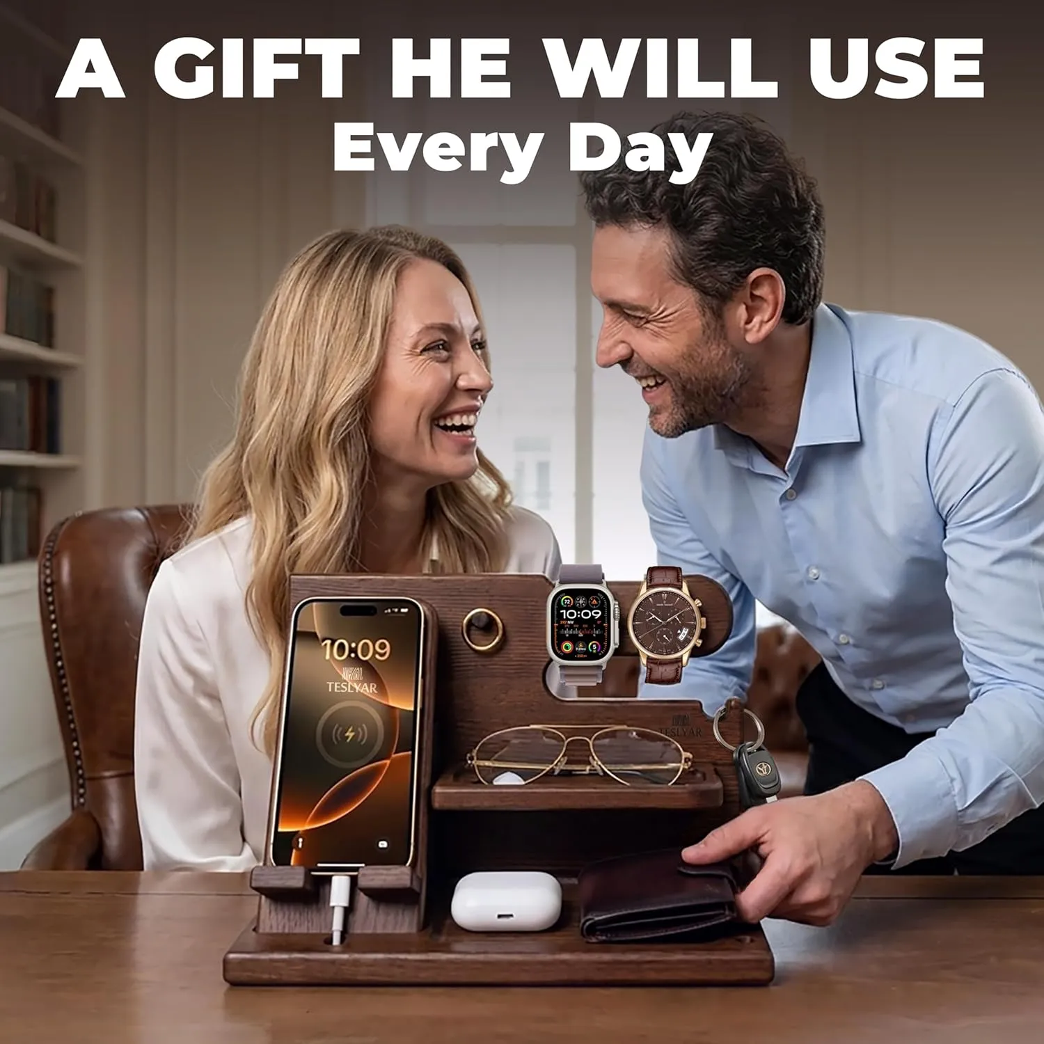 TESLYAR wood docking station shown as everyday gift setup
