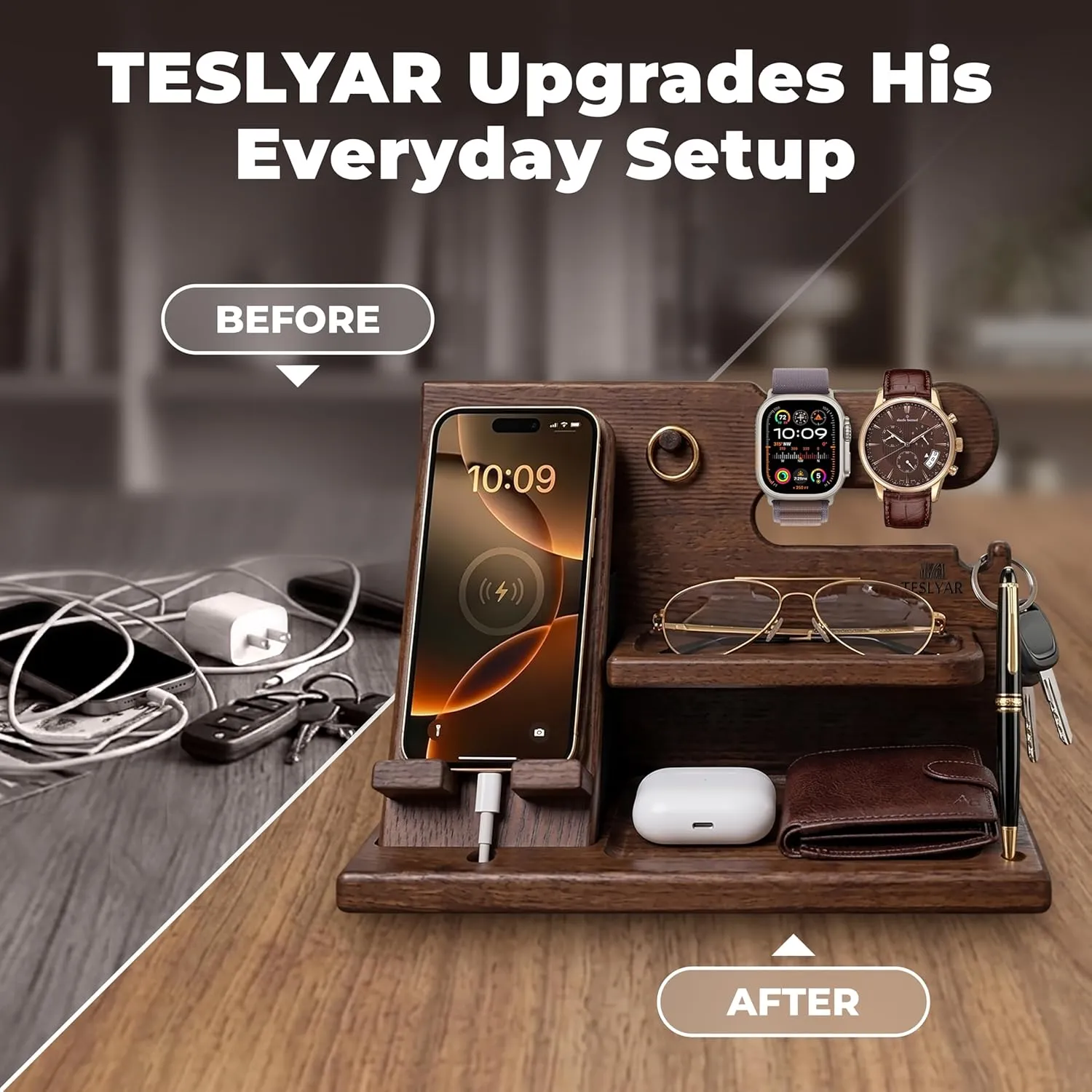 TESLYAR desk organizer showing before and after setup with everyday essentials
