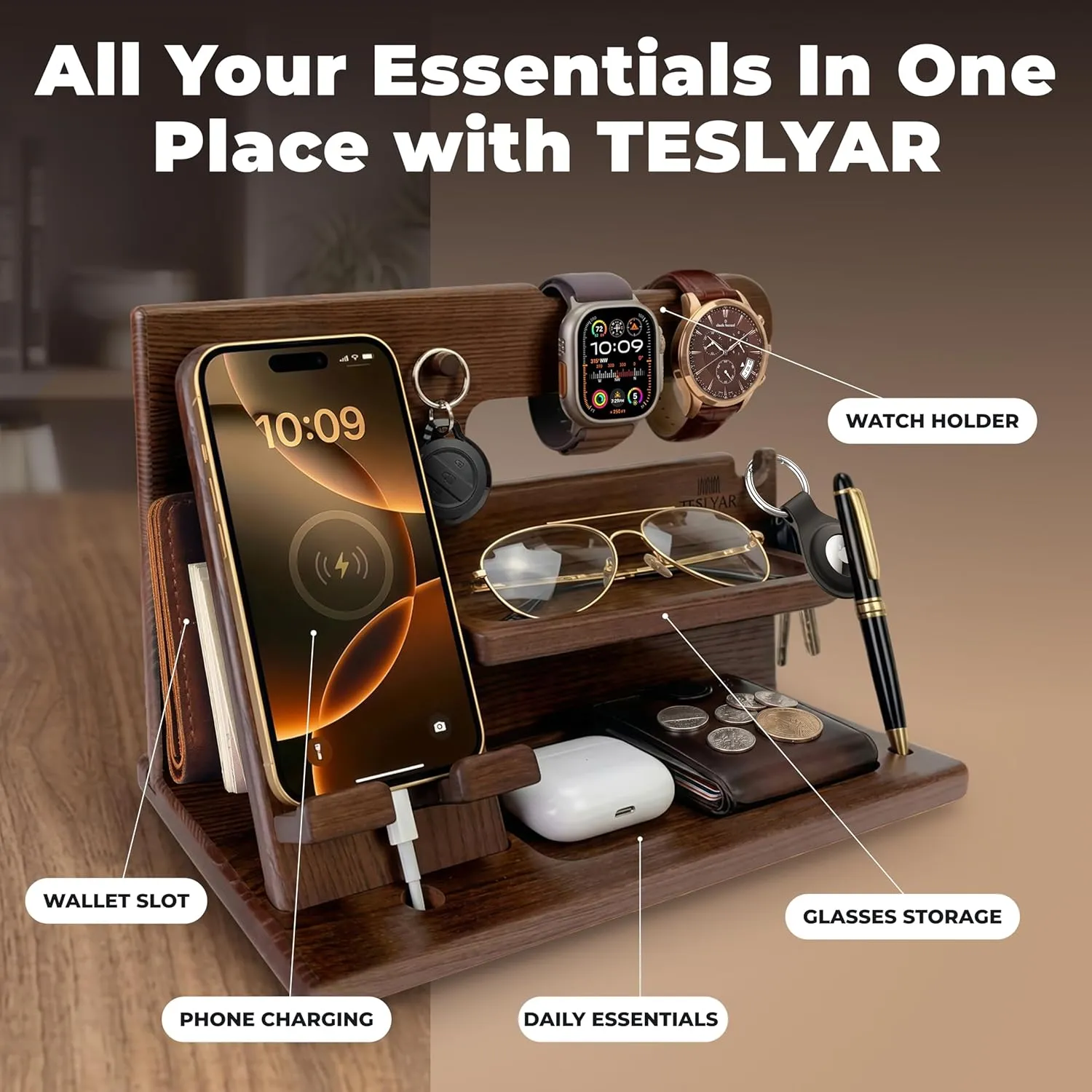 TESLYAR wooden organizer showing phone charging, glasses storage and daily essentials