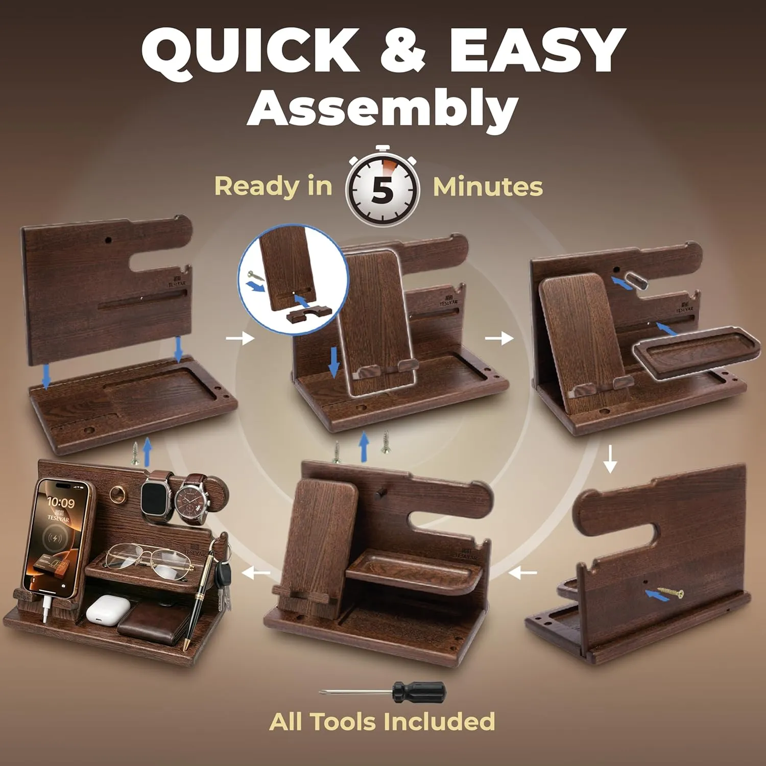 TESLYAR wood docking station material and size details