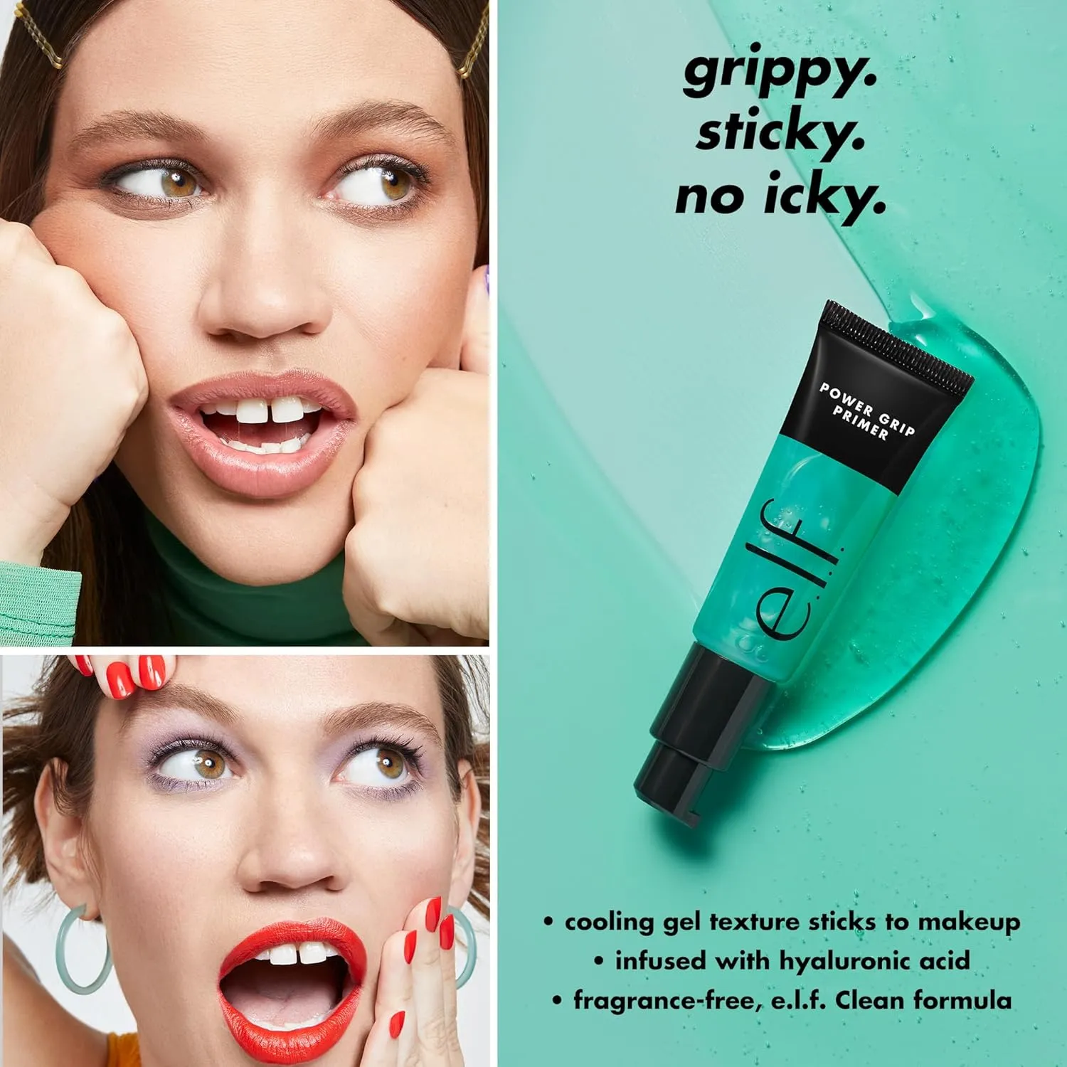 e.l.f. Power Grip Primer campaign visual with product and gel background