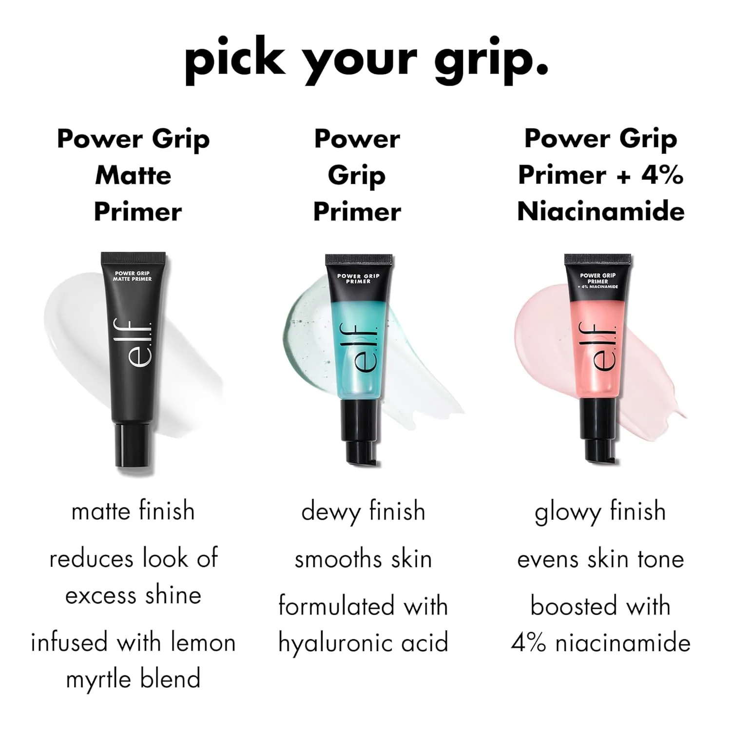 e.l.f. Power Grip Primer comparison with matte, original, and niacinamide versions