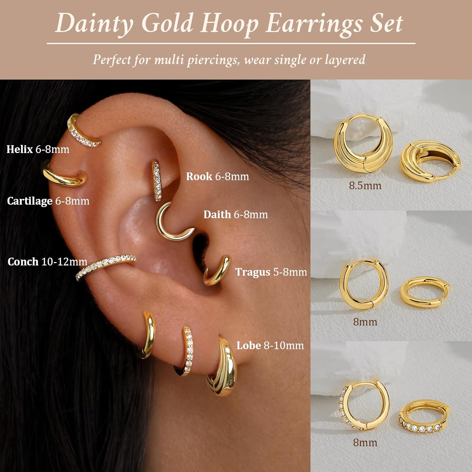Small gold hoop earrings with a clean ear close-up