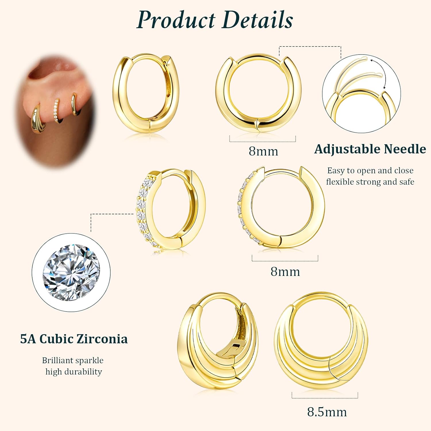 Gold hoop earrings product details and sizes