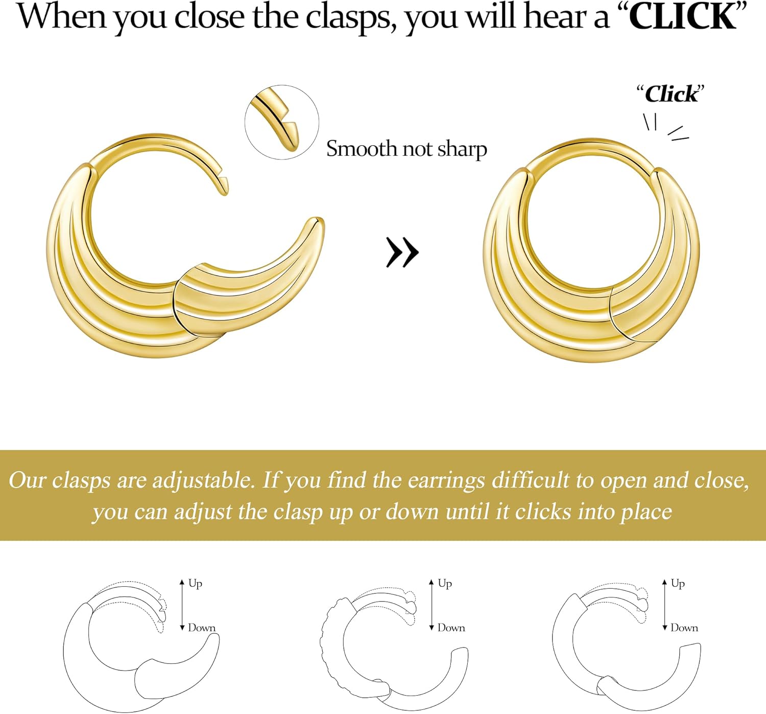 Gold huggie hoop earrings styled on a model ear