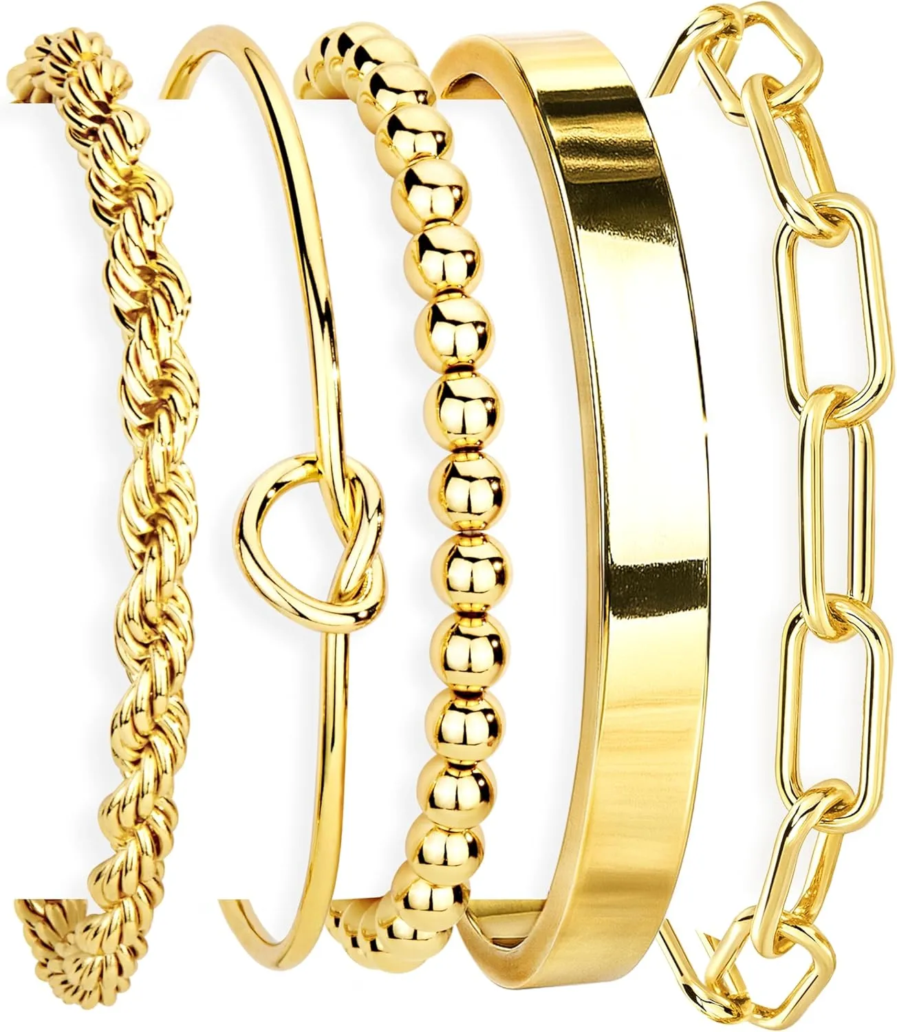Five gold bracelets displayed together on a white background