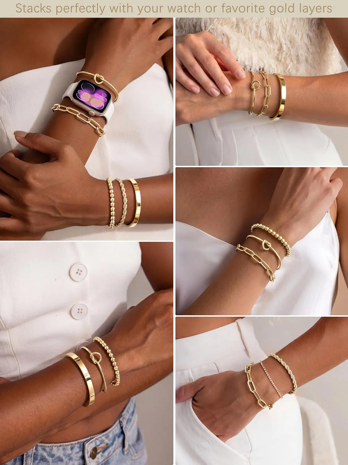 Gold bracelet set styled beside a watch and neutral outfit