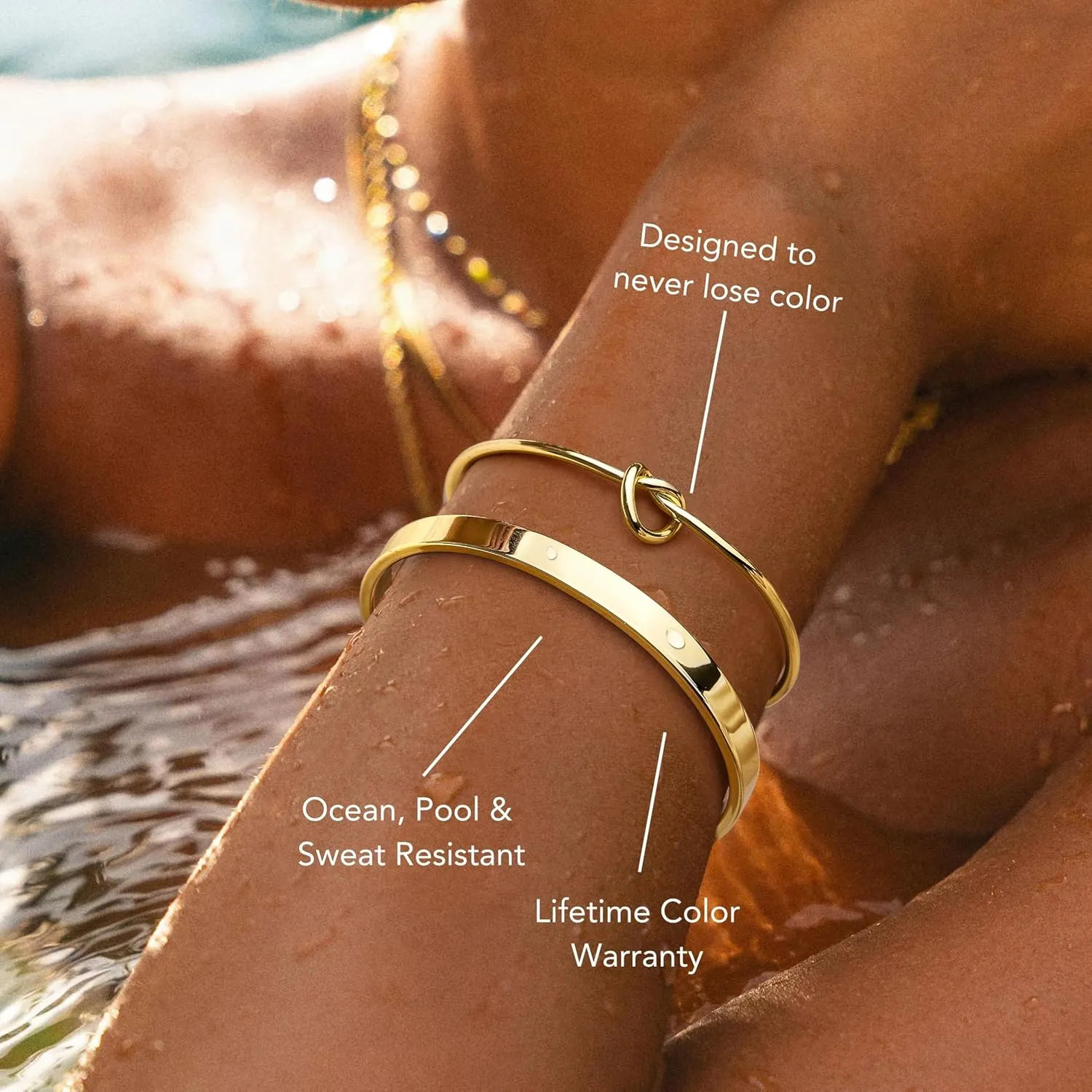 Gold bracelets shown in warm lifestyle styling