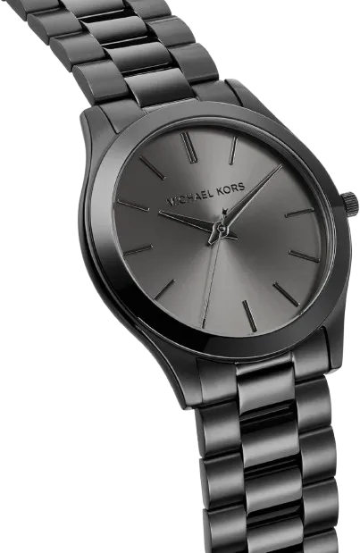 Angled view of Michael Kors Slim Runway stainless steel watch