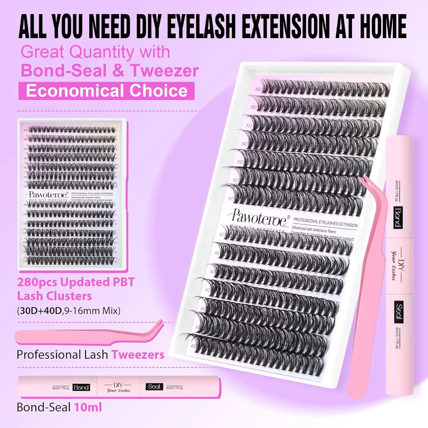 Pawotence DIY eyelash extension kit with lash clusters bond seal and tweezer