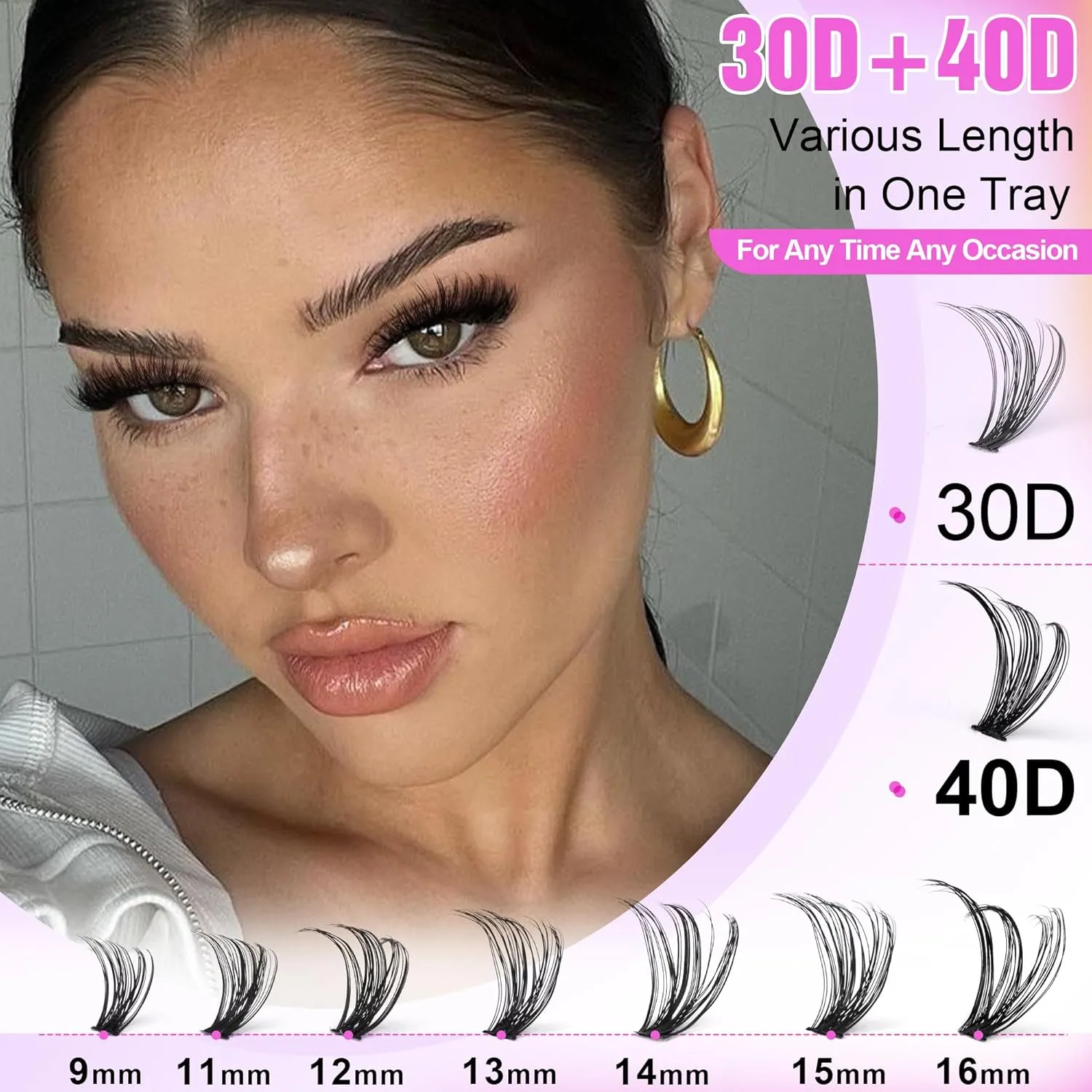 Model wearing 30D and 40D lash clusters with different length examples