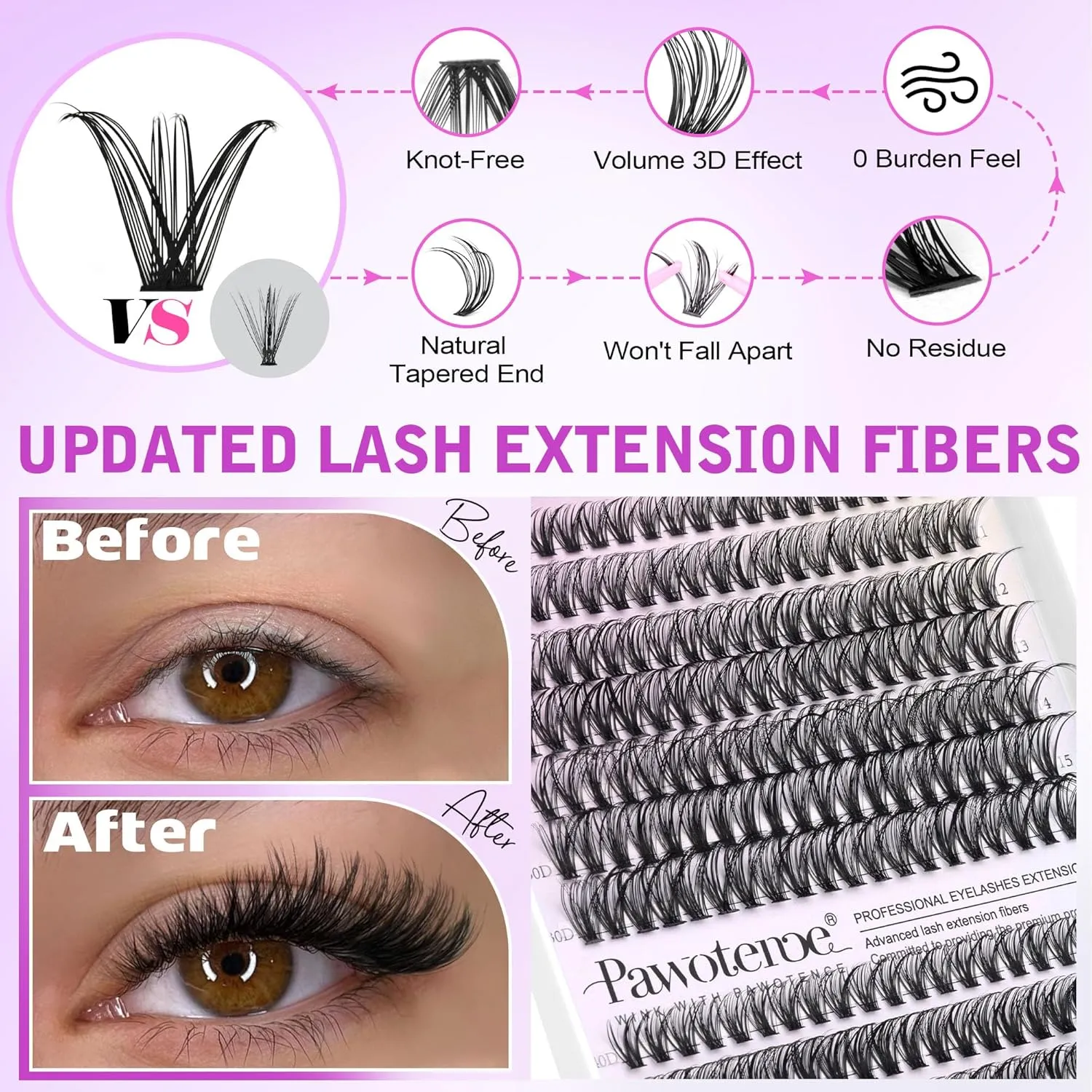 Pawotence updated lash extension fibers with before and after lash comparison