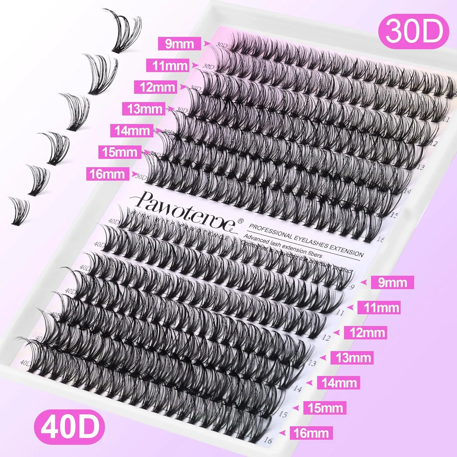 Pawotence 30D and 40D lash clusters with 9mm to 16mm length guide