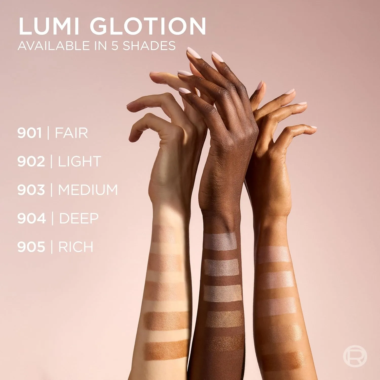 L’Oreal Lumi Glotion shade swatches on different arms