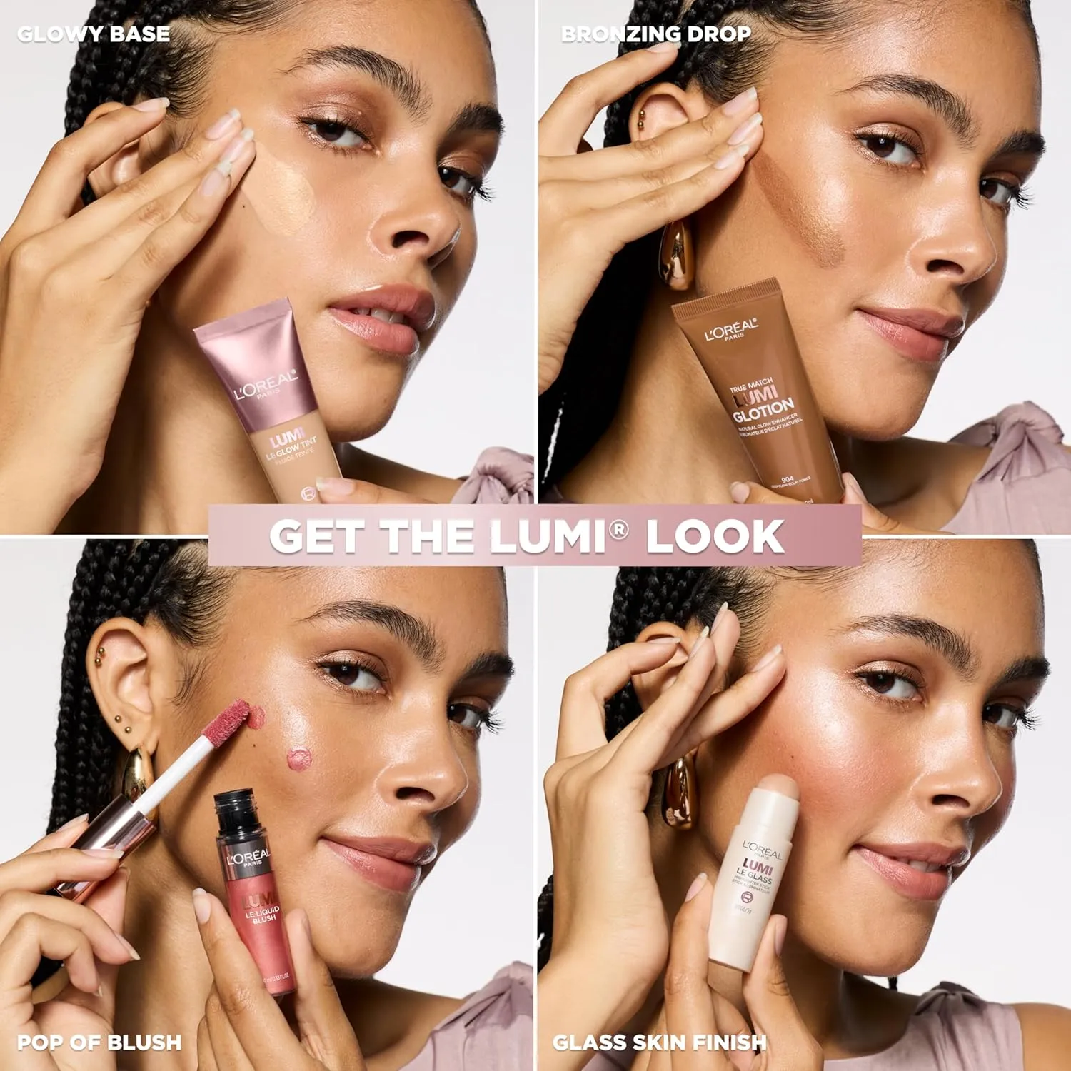 L’Oreal Lumi look guide showing glow base bronzing drop blush and glass skin finish