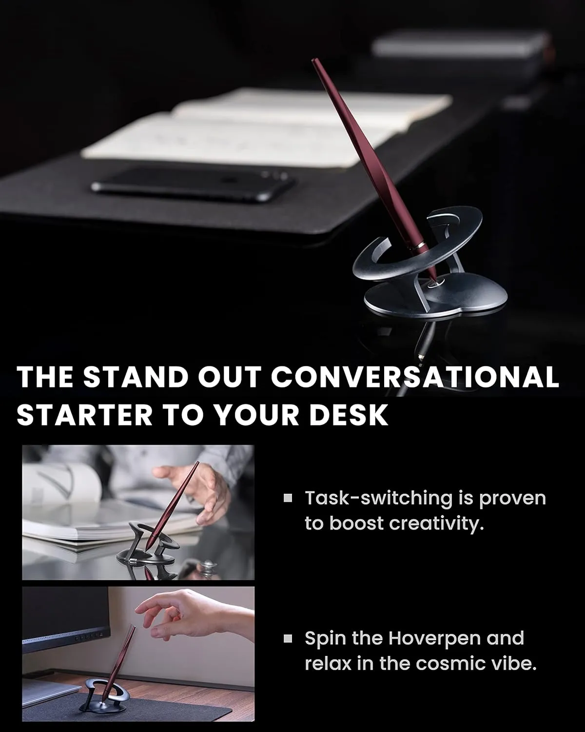 novium Hoverpen spinning on magnetic desk pedestal