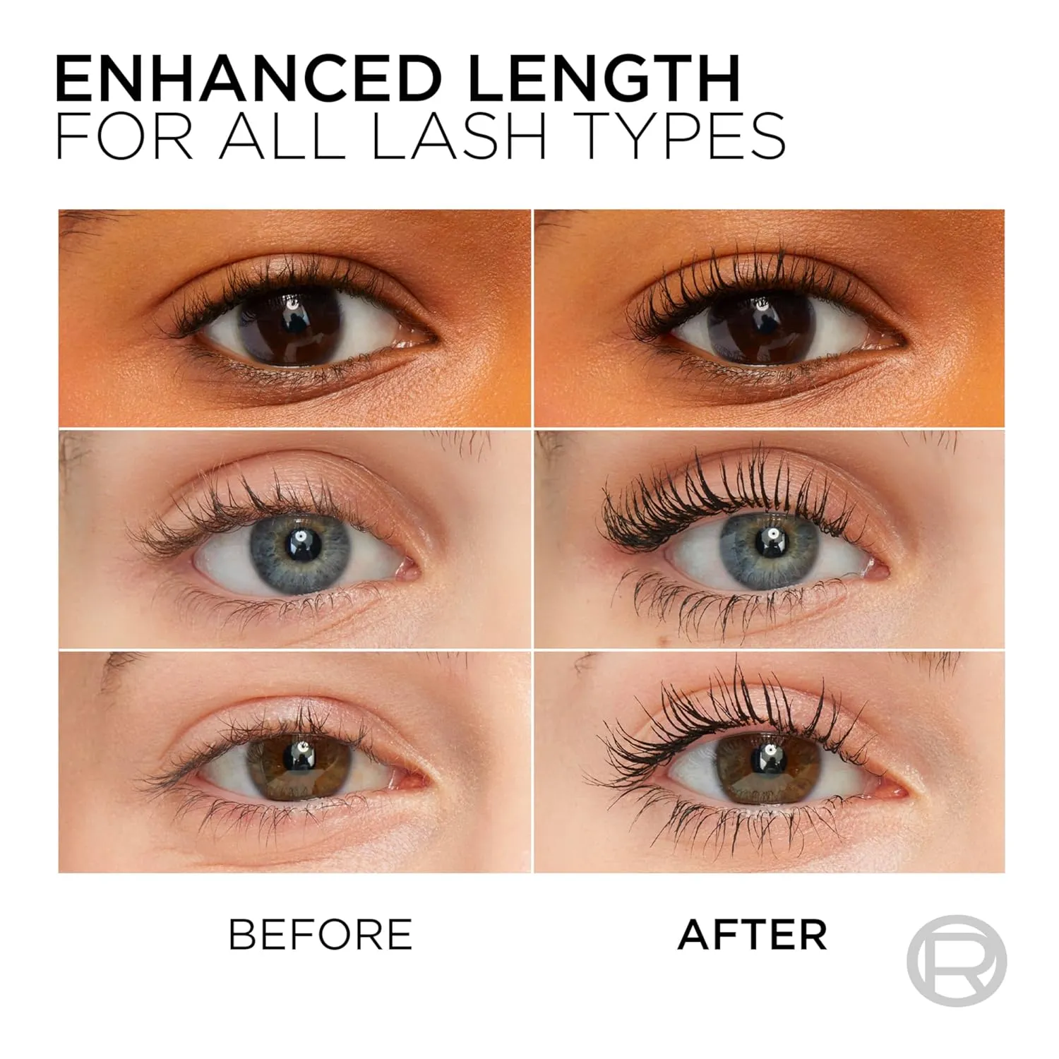 Before and after lash results for enhanced length across lash types