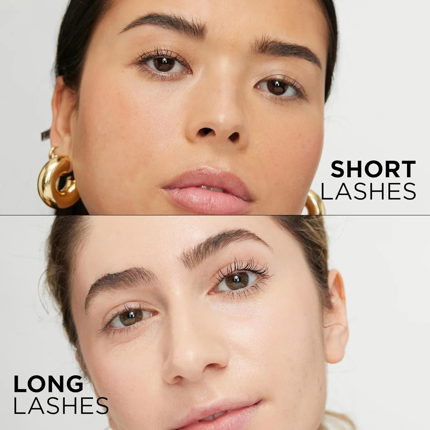 Short lashes and long lashes comparison with mascara result