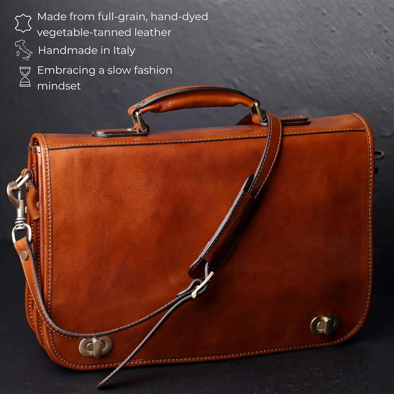 Time Resistance briefcase close lifestyle crop showing leather texture