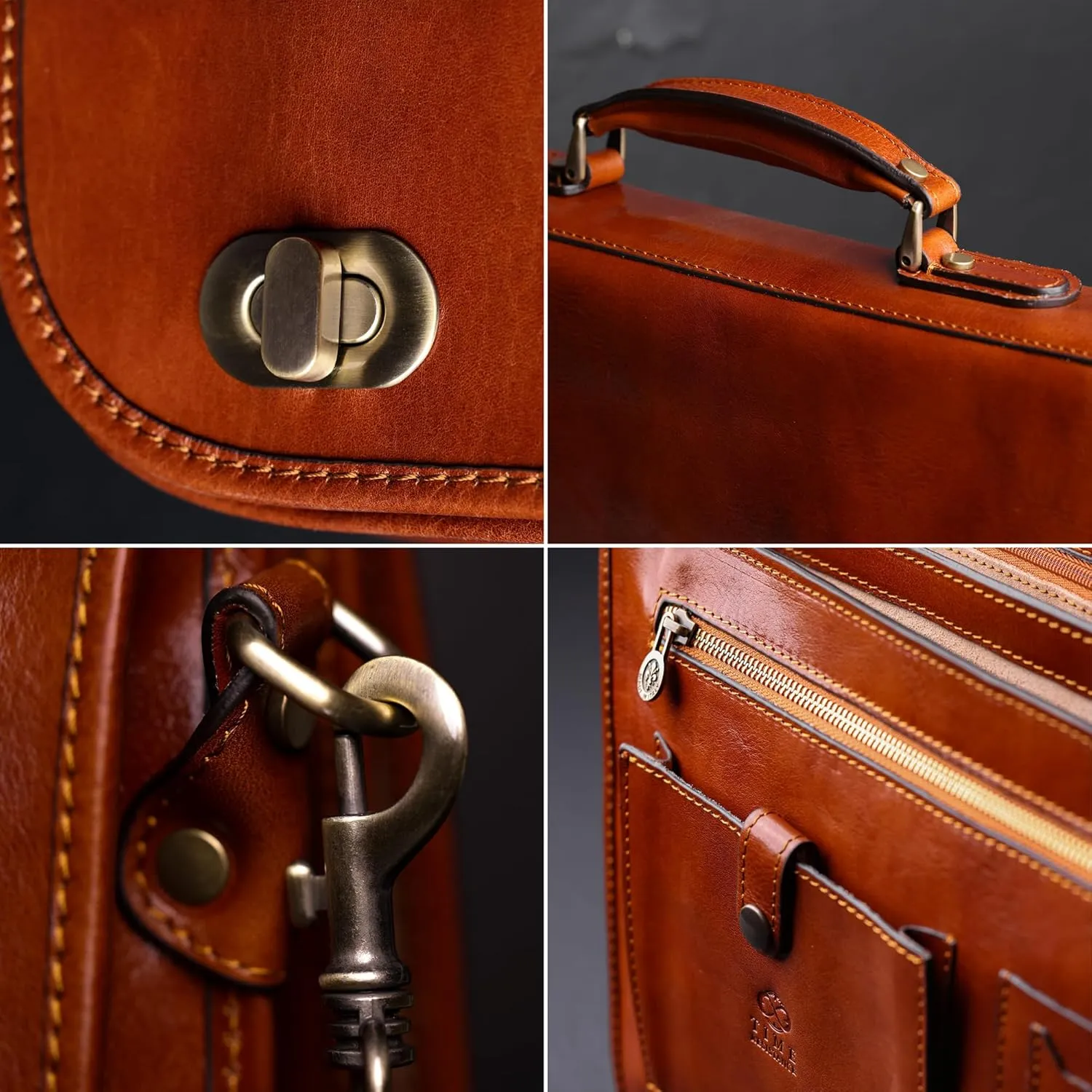 Time Resistance leather briefcase hardware and stitching detail collage