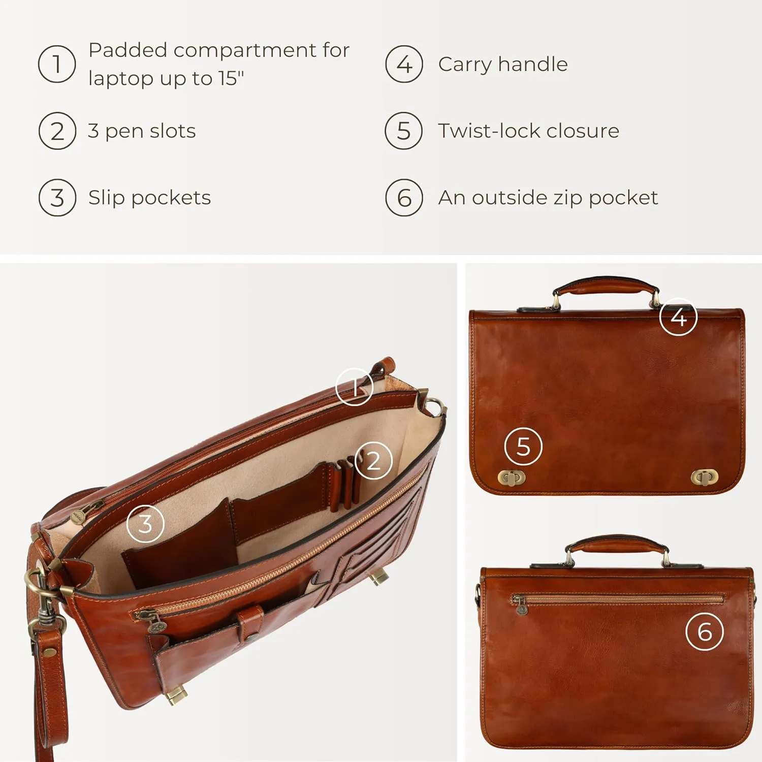 Time Resistance leather briefcase organization layout with compartments and pockets