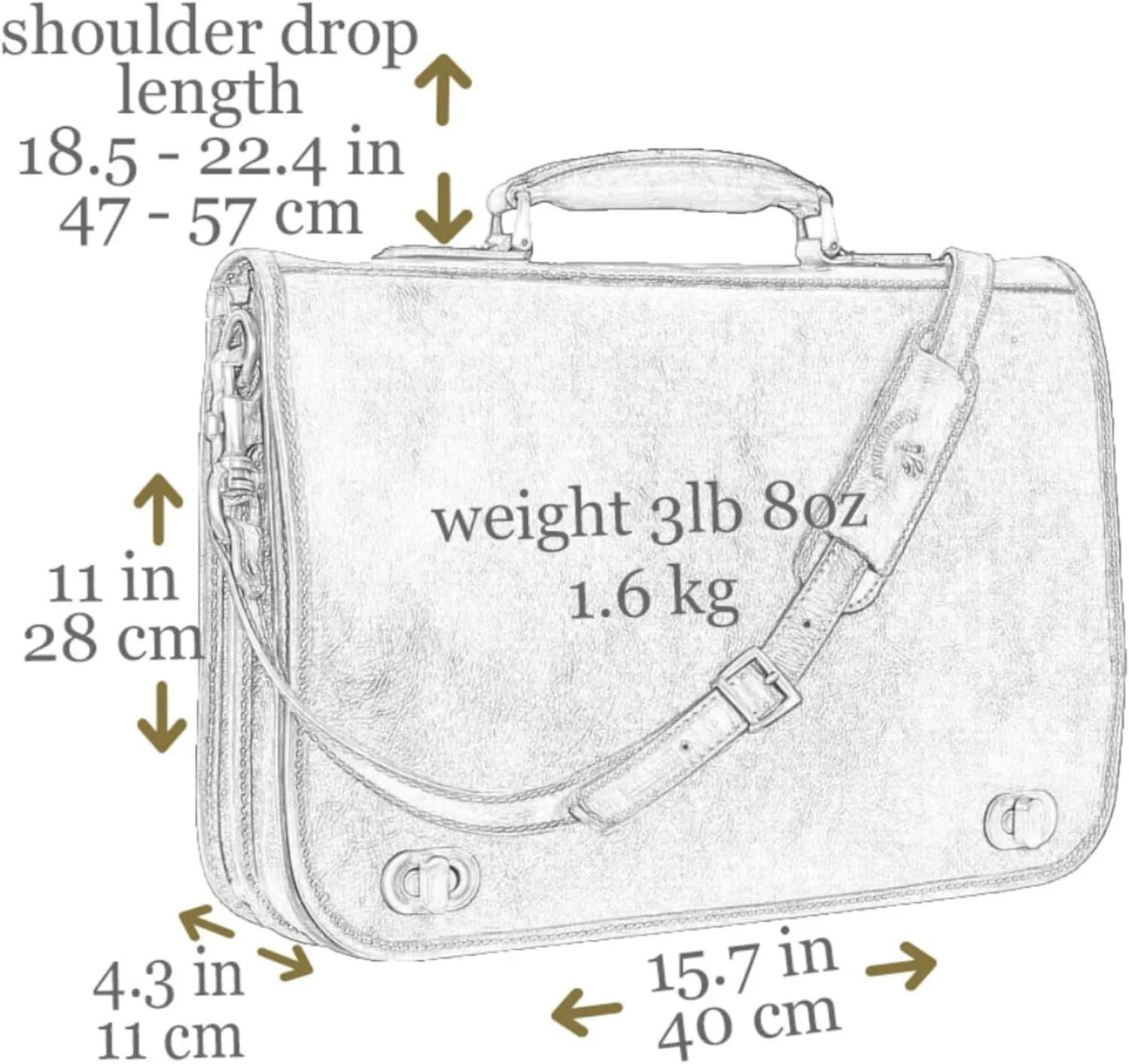 Time Resistance briefcase dimensions and shoulder drop guide