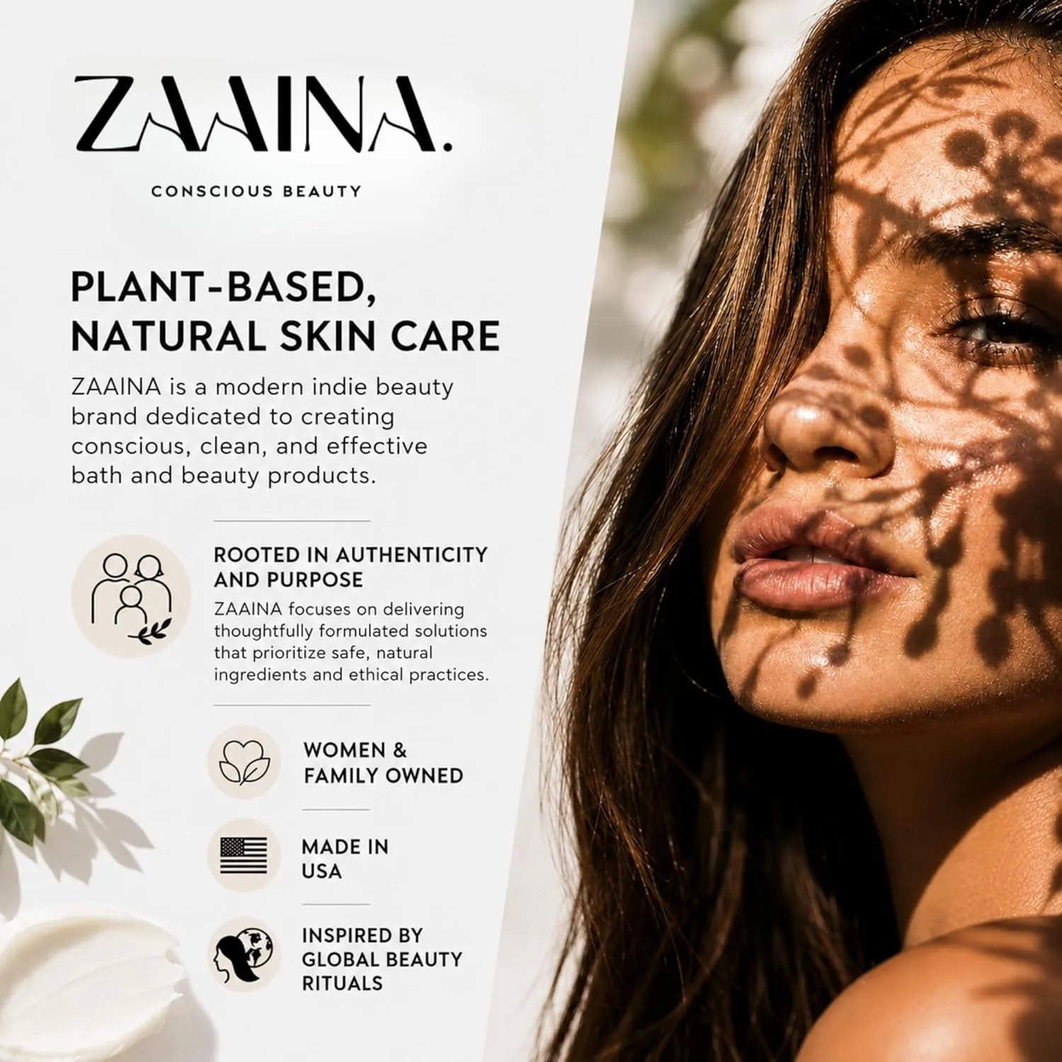 ZAAINA conscious beauty and plant-based natural skin care message