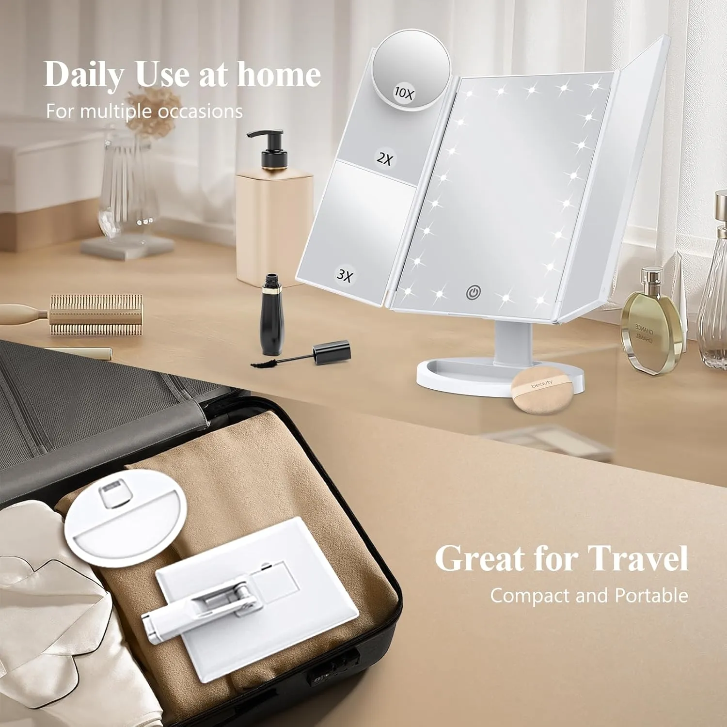 HUONUL trifold vanity mirror opened