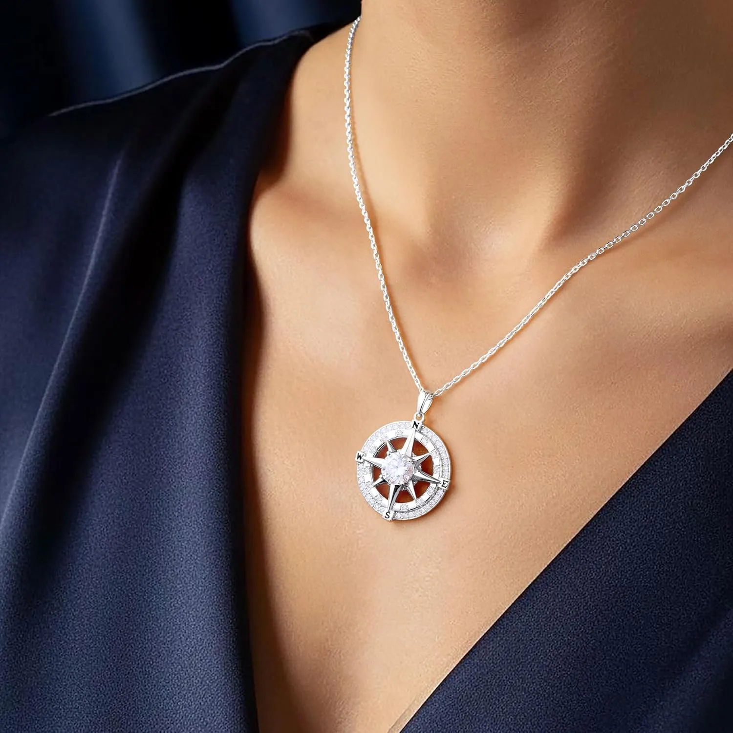 MOOSEA compass necklace worn on neck