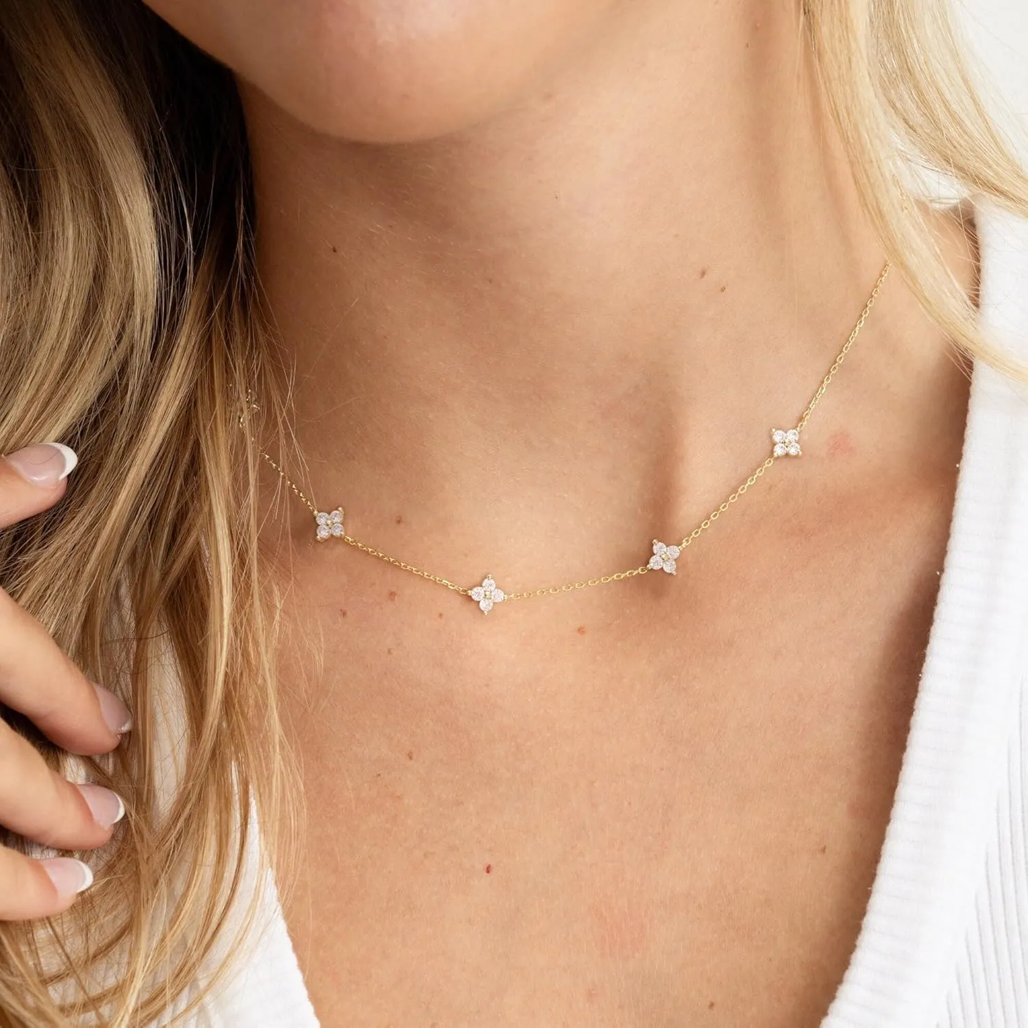 Dainty gold station choker necklace with cubic zirconia accents