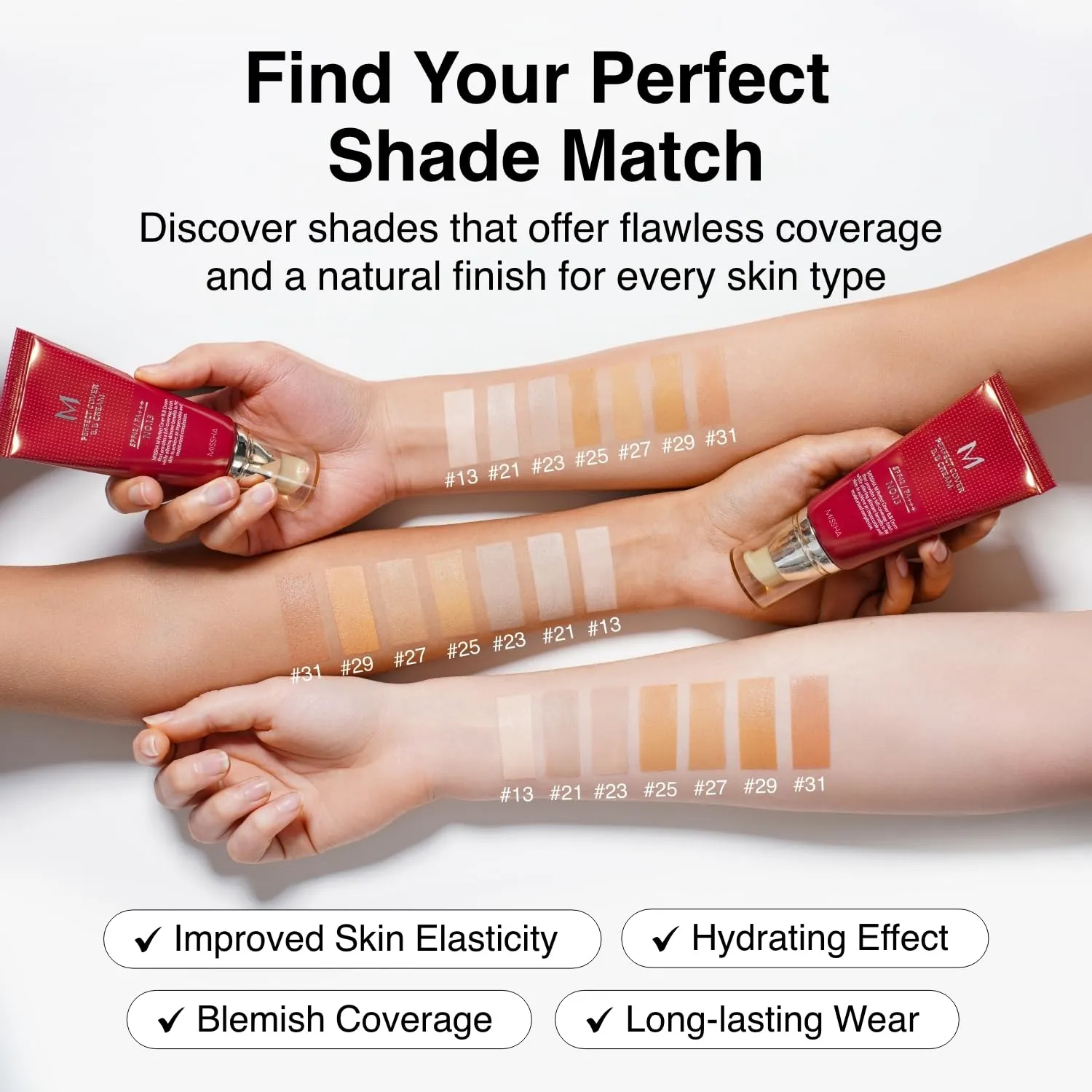 MISSHA Perfect Cover BB Cream shade match visual with arm swatches