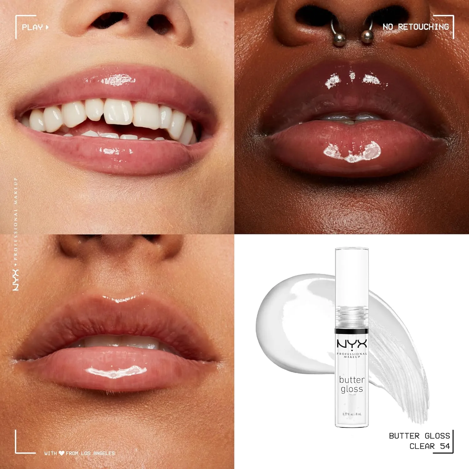 NYX Butter Gloss clear lip gloss shine result collage