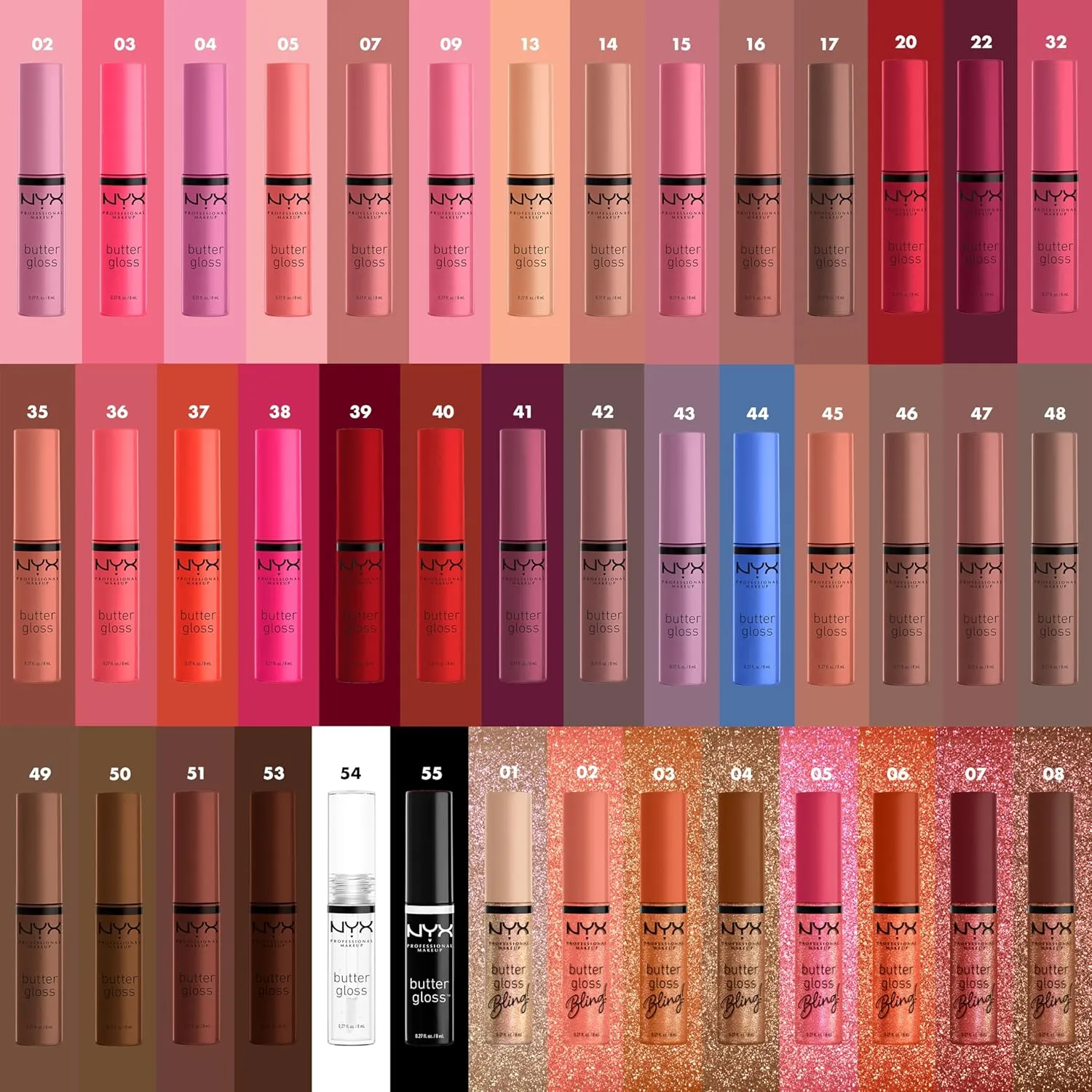 NYX Butter Gloss shade lineup including Sugar Glass Clear