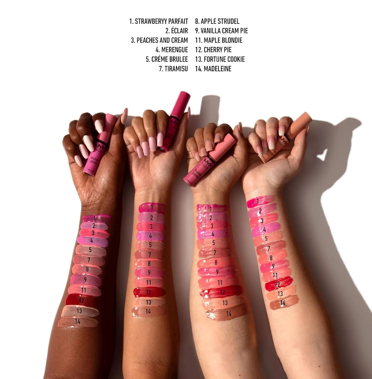NYX Butter Gloss arm swatches across multiple skin tones