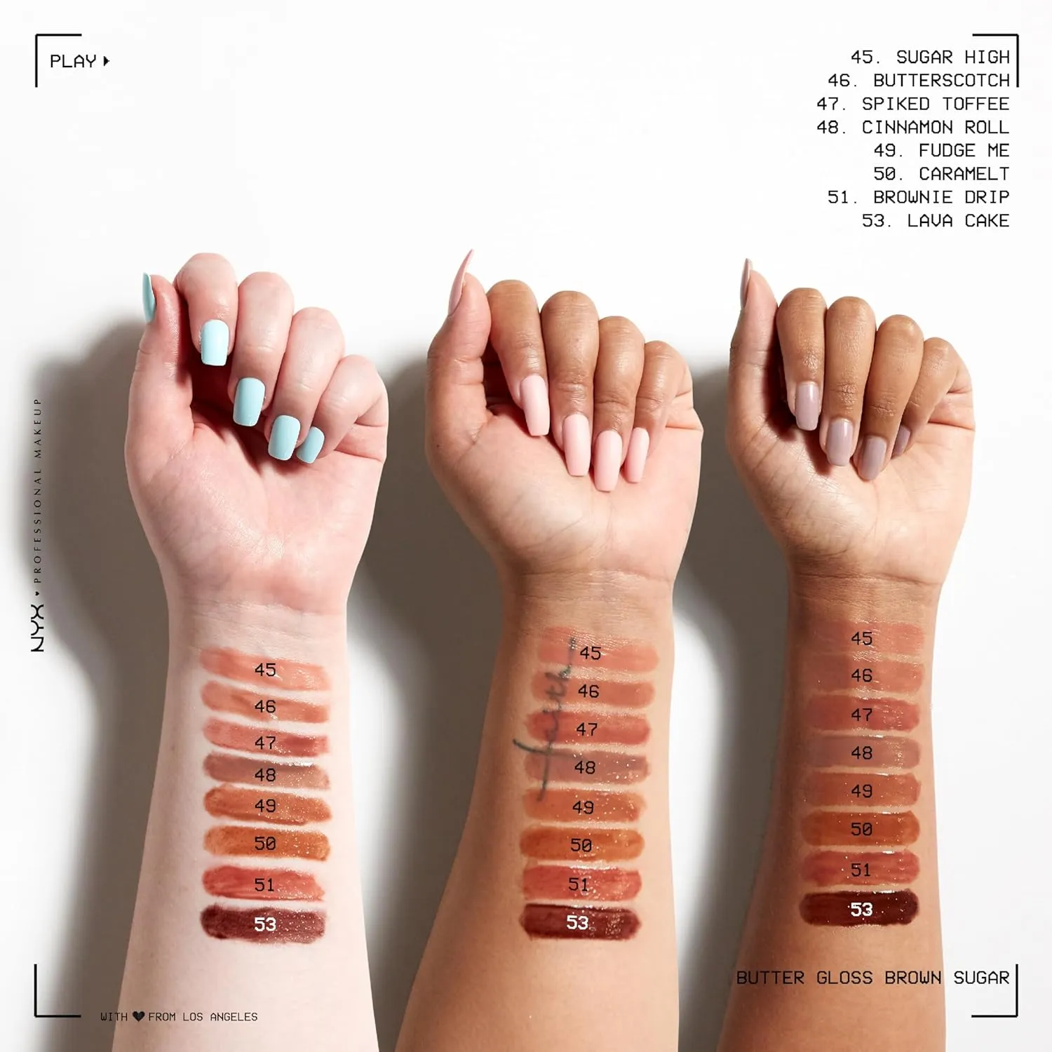 NYX Butter Gloss deeper shade swatches on multiple arms