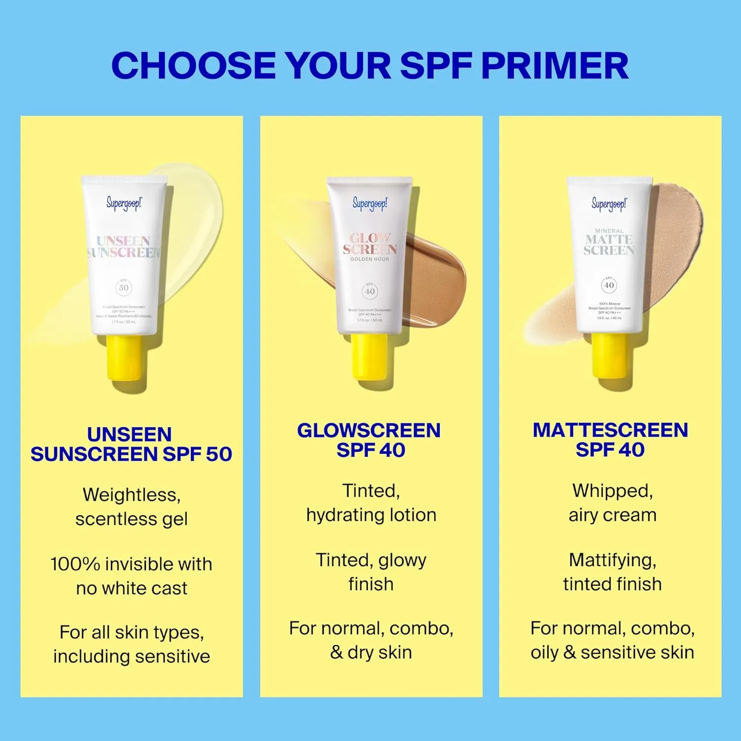 Supergoop SPF primer comparison showing Unseen Sunscreen Glow Screen and Matte Screen