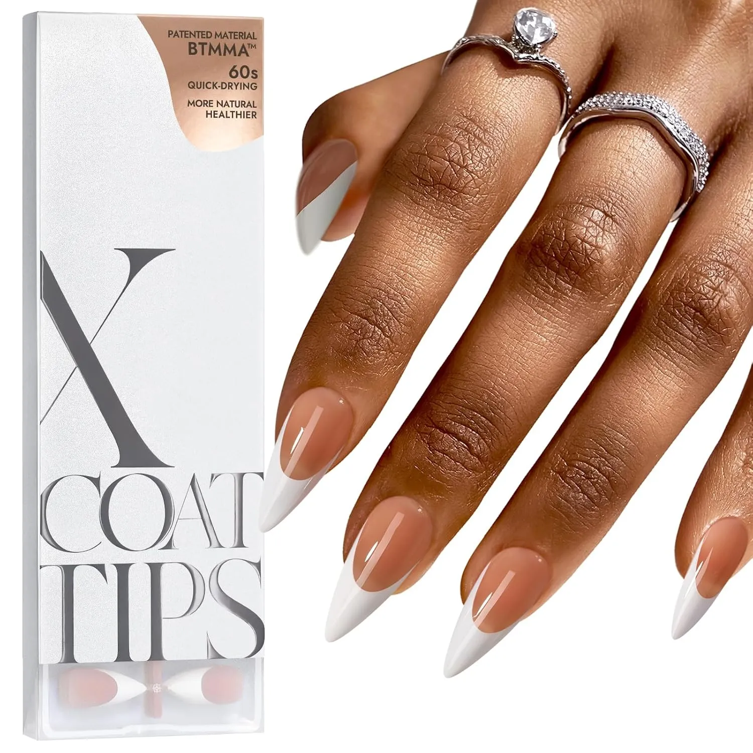 BTArtboxnails XCOATTIPS brown stiletto French gel nail tips package