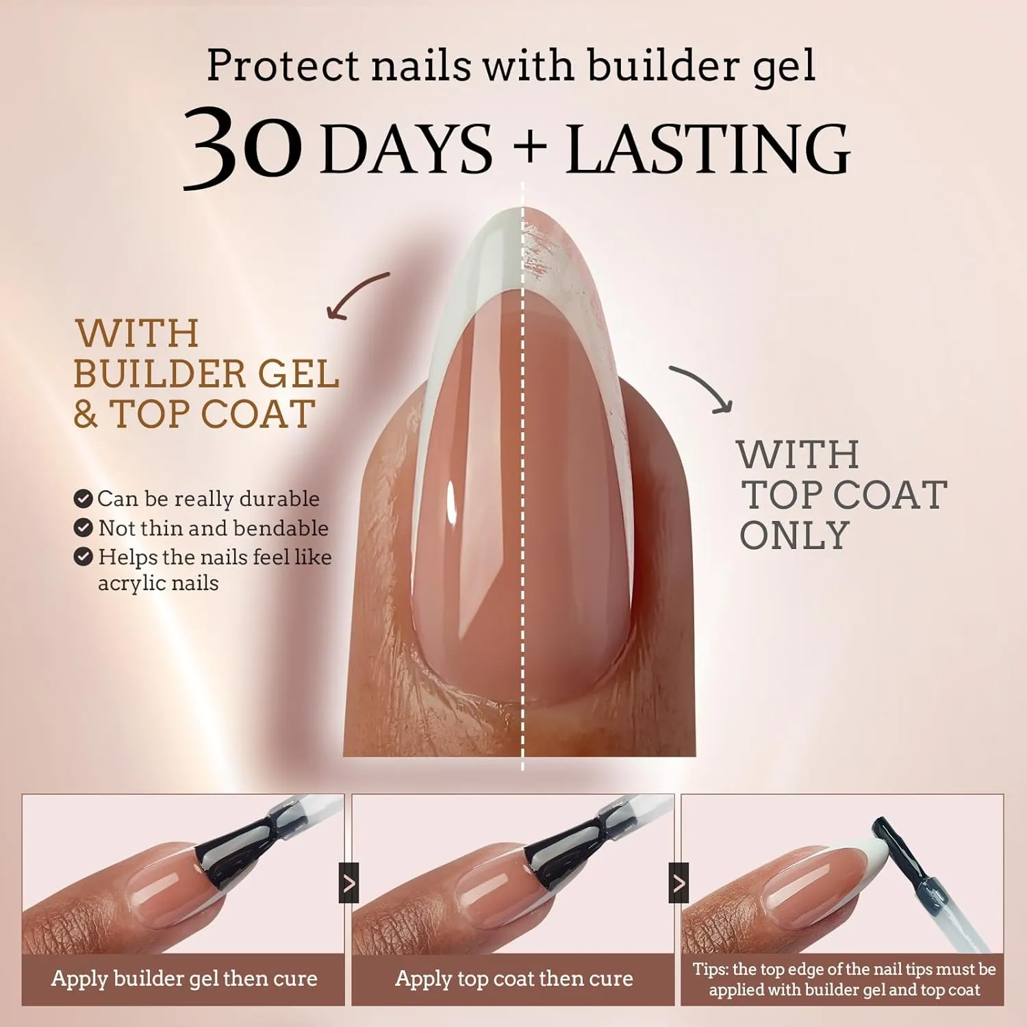 The real wearing effect of brown stiletto French nails after builder gel and top coat