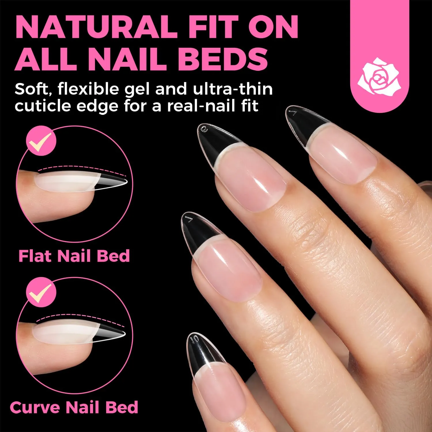 UNA GELLA almond nail tips shown on fingers with fit examples